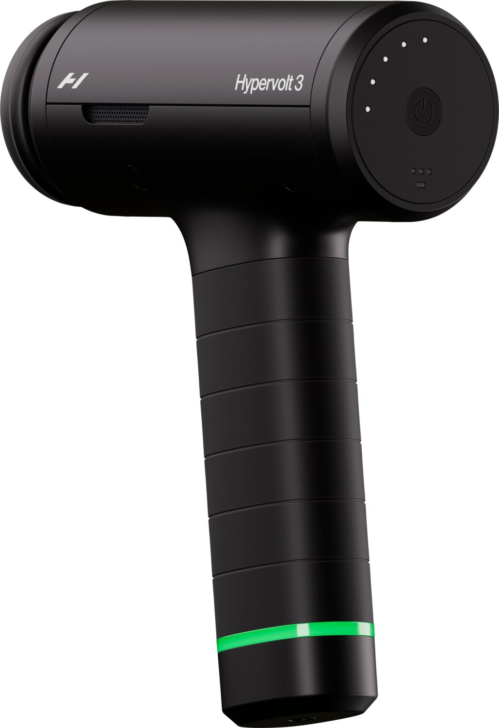 Schwarze Hypervolt 3 Massagepistole mit silbernem Logo und grünem Licht am Griff.