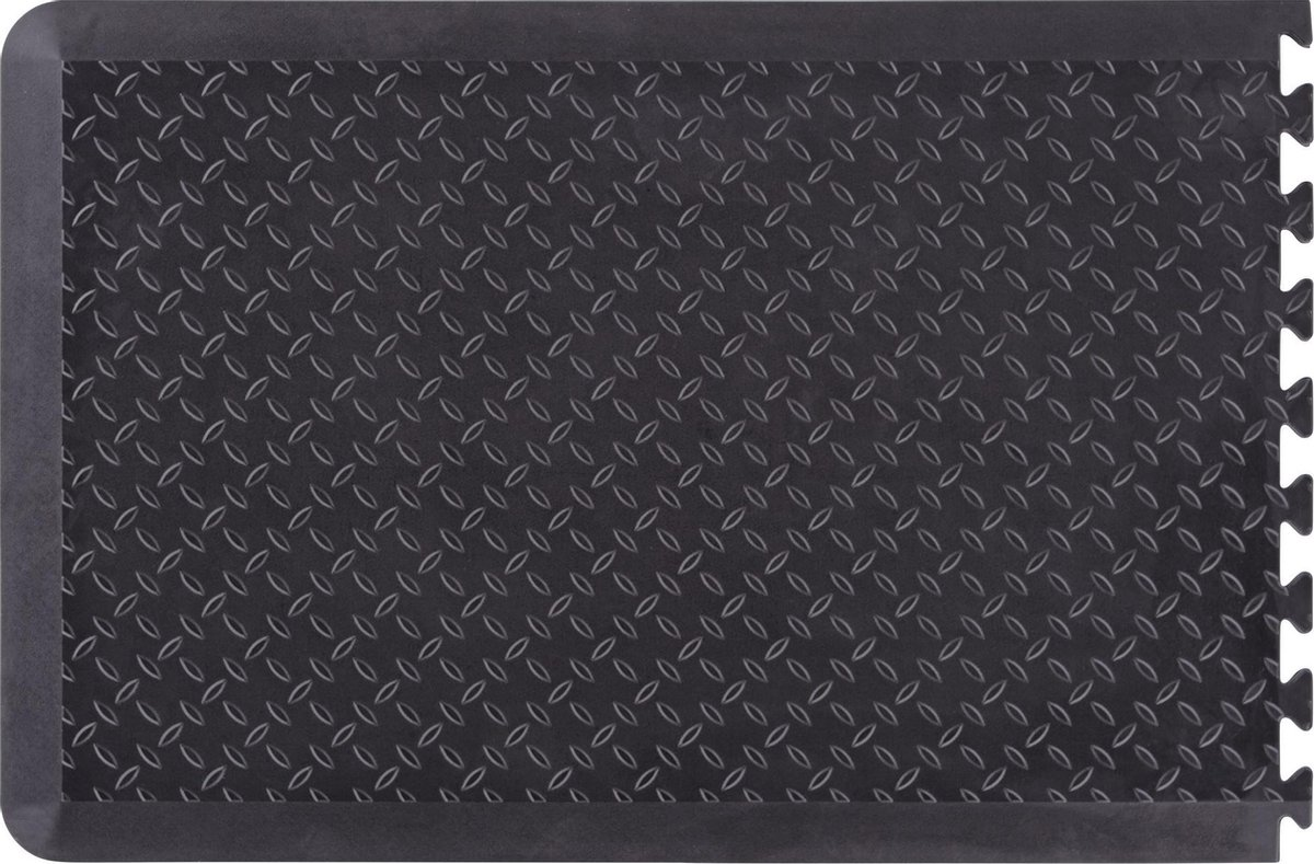 A dark grey interlocking floor mat with a diamond plate texture.