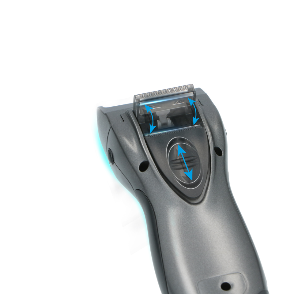 Close up of a dark trimmer with blue arrows indicating length adjustment.