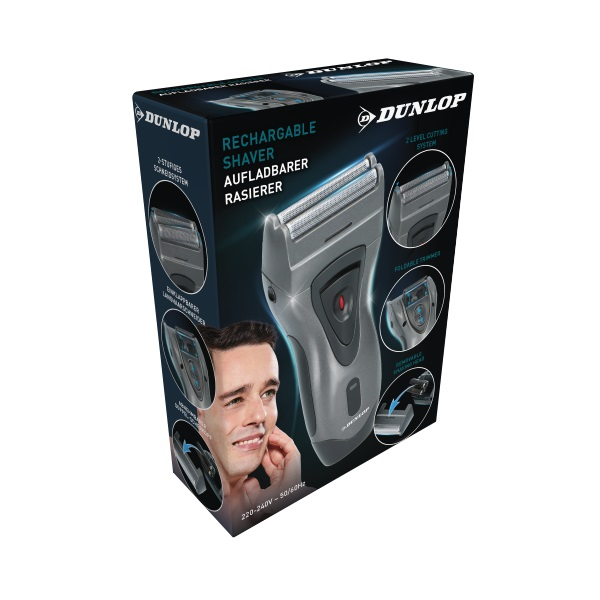 Box of a Dunlop rechargeable shaver with a man shaving.