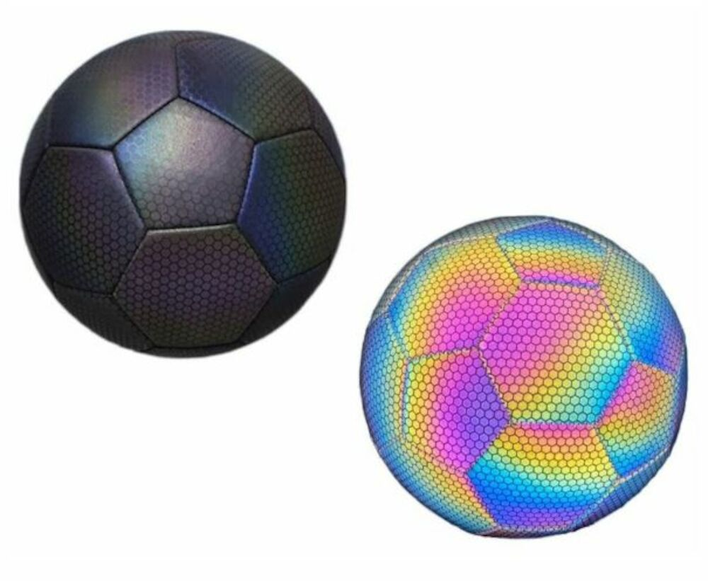 Two soccer balls. One is dark, the other iridescent with rainbow colors.