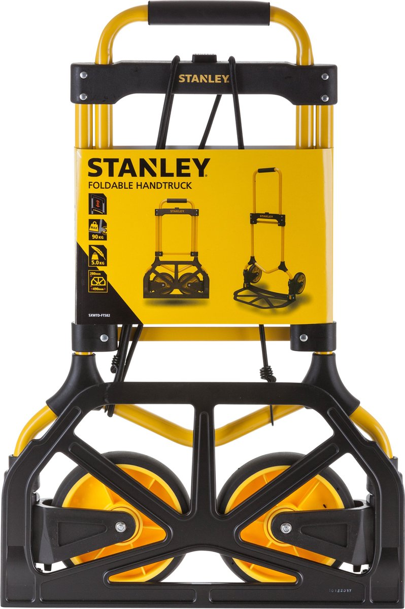 Yellow and black Stanley foldable handtruck with large wheels and product information.