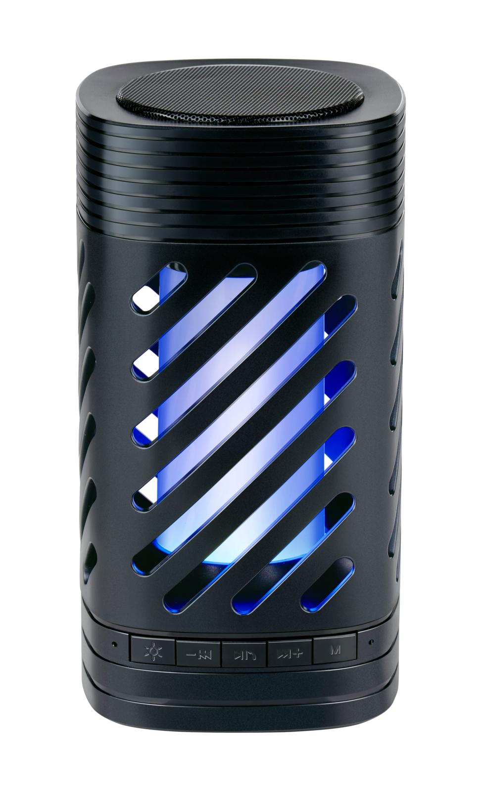 Zwarte luidspreker met blauwe lichten en bedieningselementen onderaan.