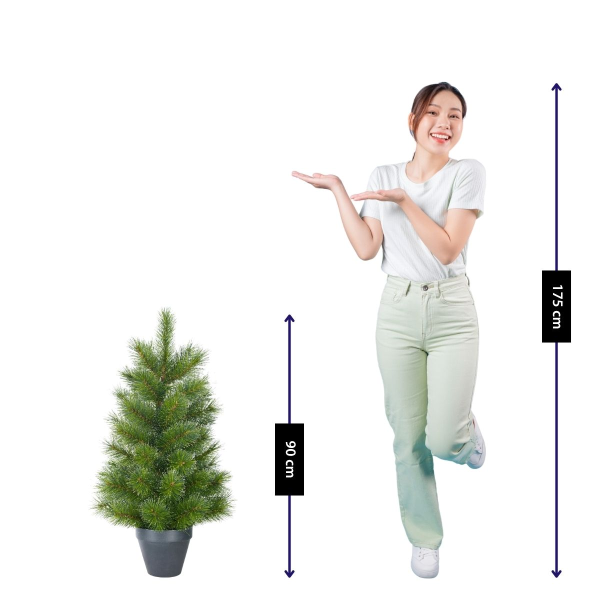 A 90cm green Christmas tree next to a 175cm tall woman.