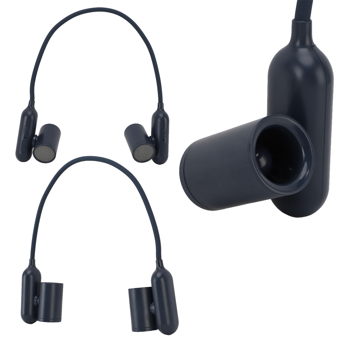 Auriculares de diadema azul oscuro, una vista frontal, una lateral.