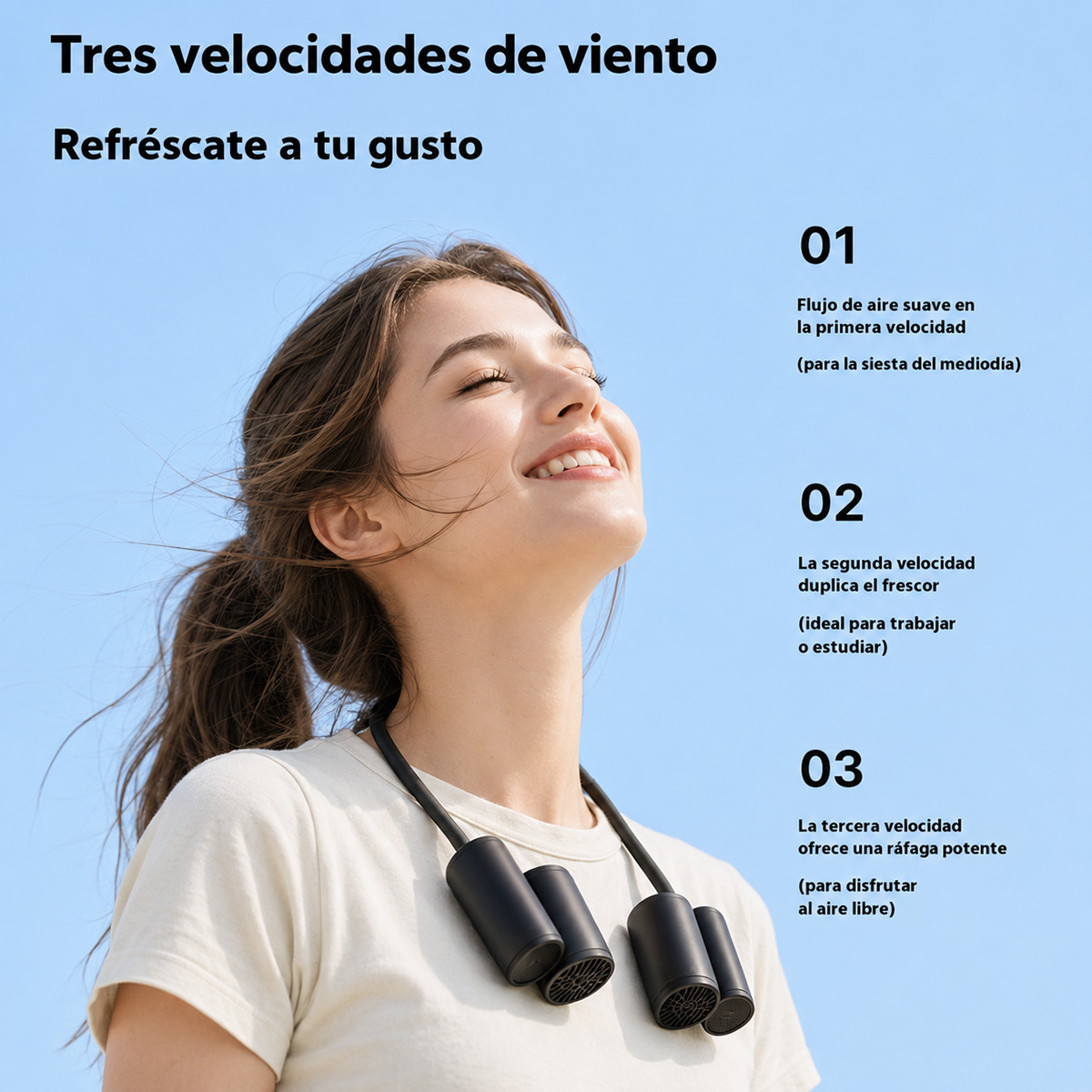 Una mujer con un ventilador de cuello, con cielo azul de fondo.