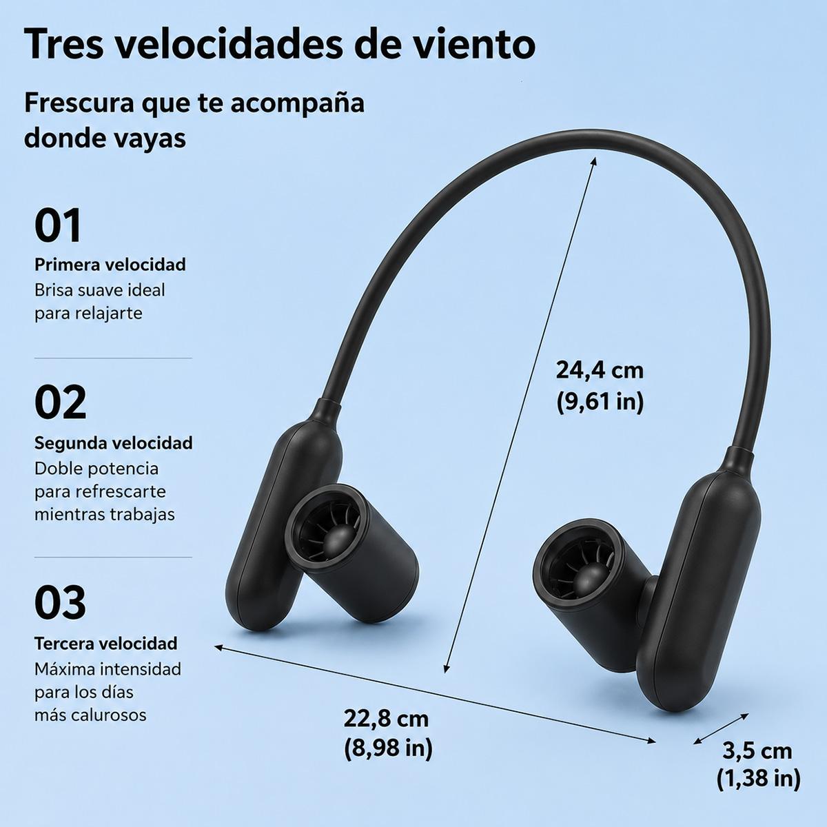 Ventilador de cuello negro con tres velocidades, 24,4 cm de ancho, 22,8 cm de largo, 3,5 cm de grosor.