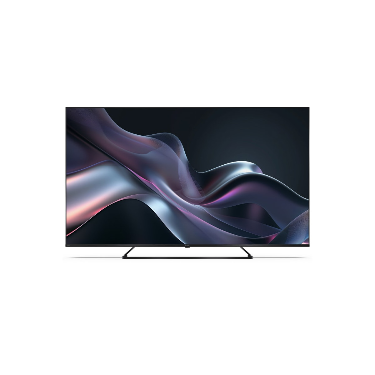 Un televisore moderno con uno screensaver astratto e fluente nei toni viola e blu.