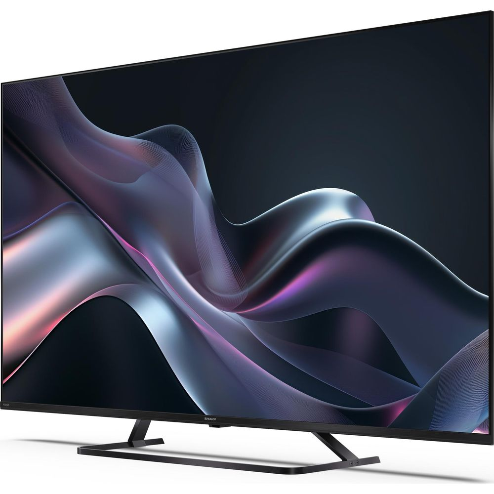 Un televisore moderno che visualizza un motivo astratto e fluente sullo schermo.