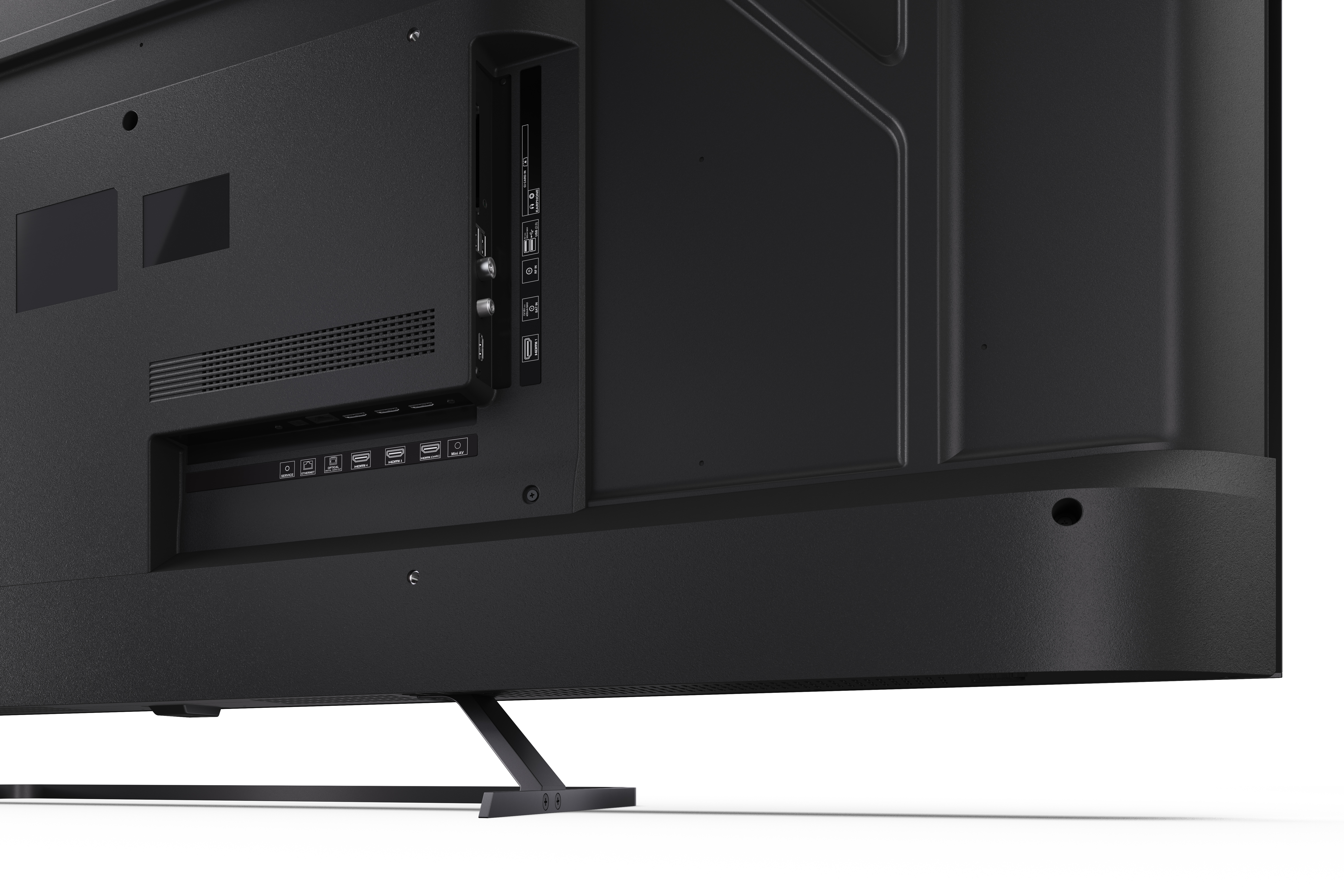 Retro di una TV nera con porte come HDMI e USB. Un supporto sottile è visibile in basso.