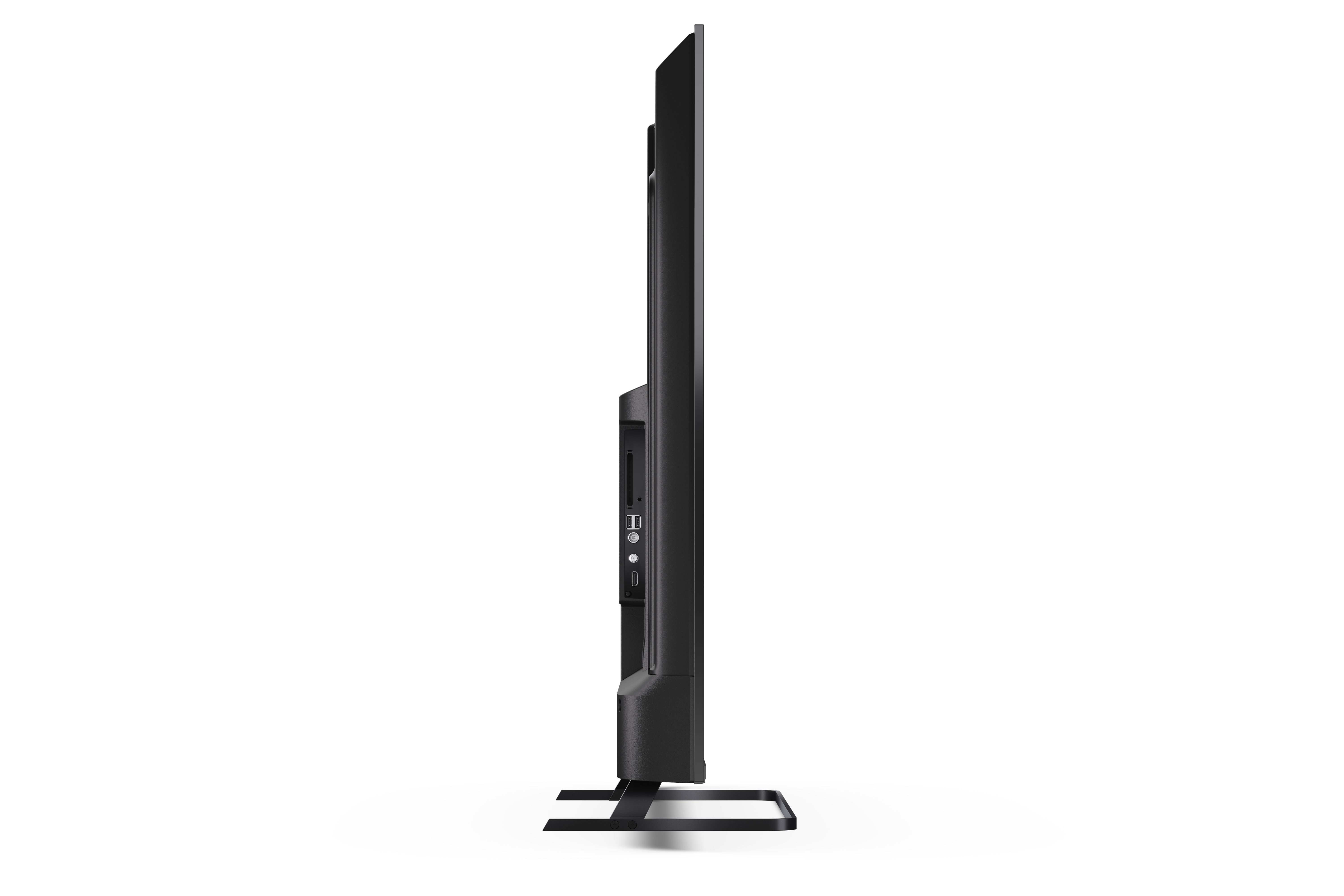 TV nero con supporto, vista laterale. Porte visibili.