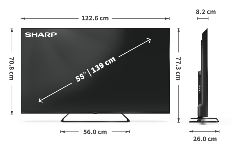 Un televisore Sharp da 55 pollici con dimensioni: 122,6x77,3x8,2cm.