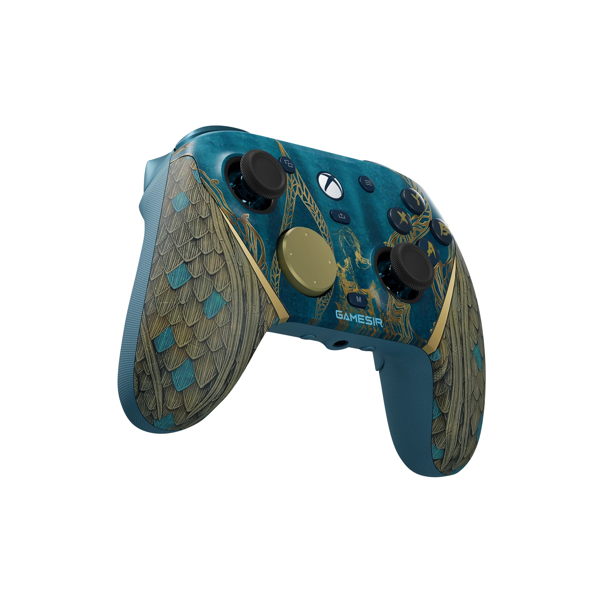Un controller Xbox verde acqua adornato con motivi ad ala dorati e pulsanti neri.