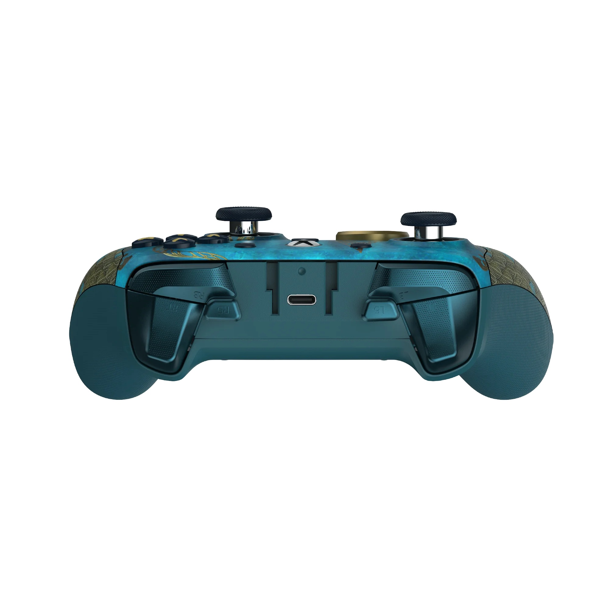 Un controller di gioco verde acqua con accenti blu e oro, con porta USB-C.