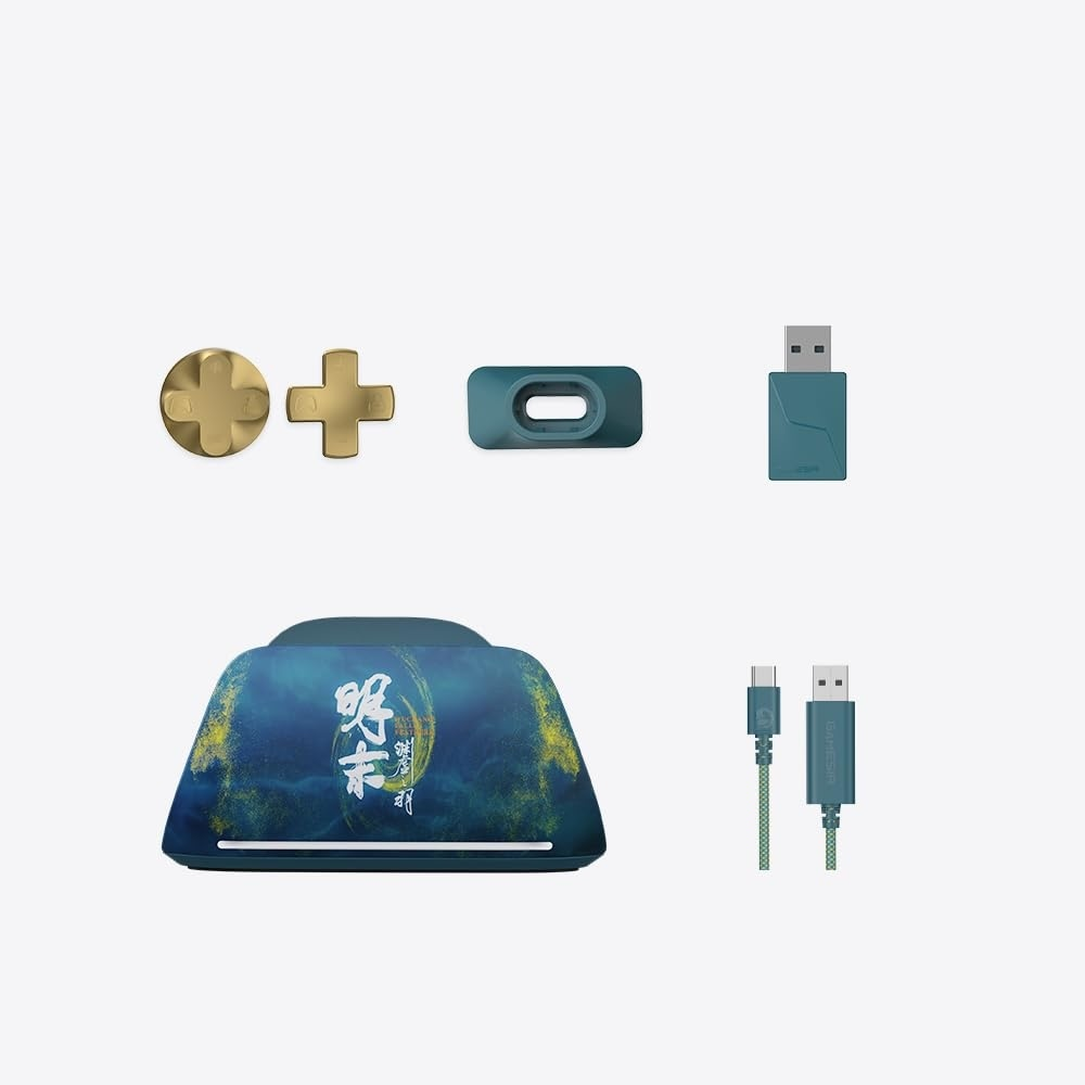 Accessori controller dorati e blu con controller e cavi.