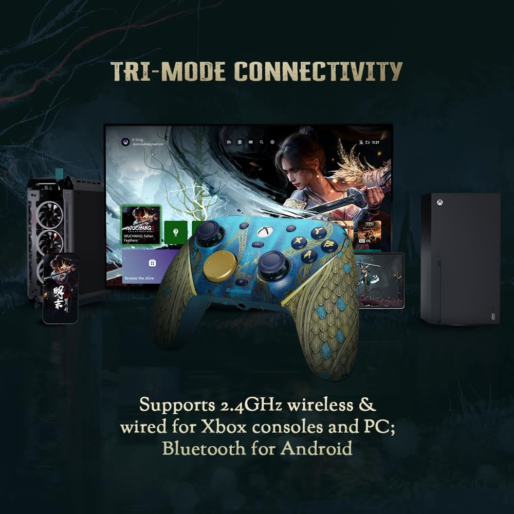 Un controller blu alato davanti a uno schermo, console, PC e telefono Xbox.