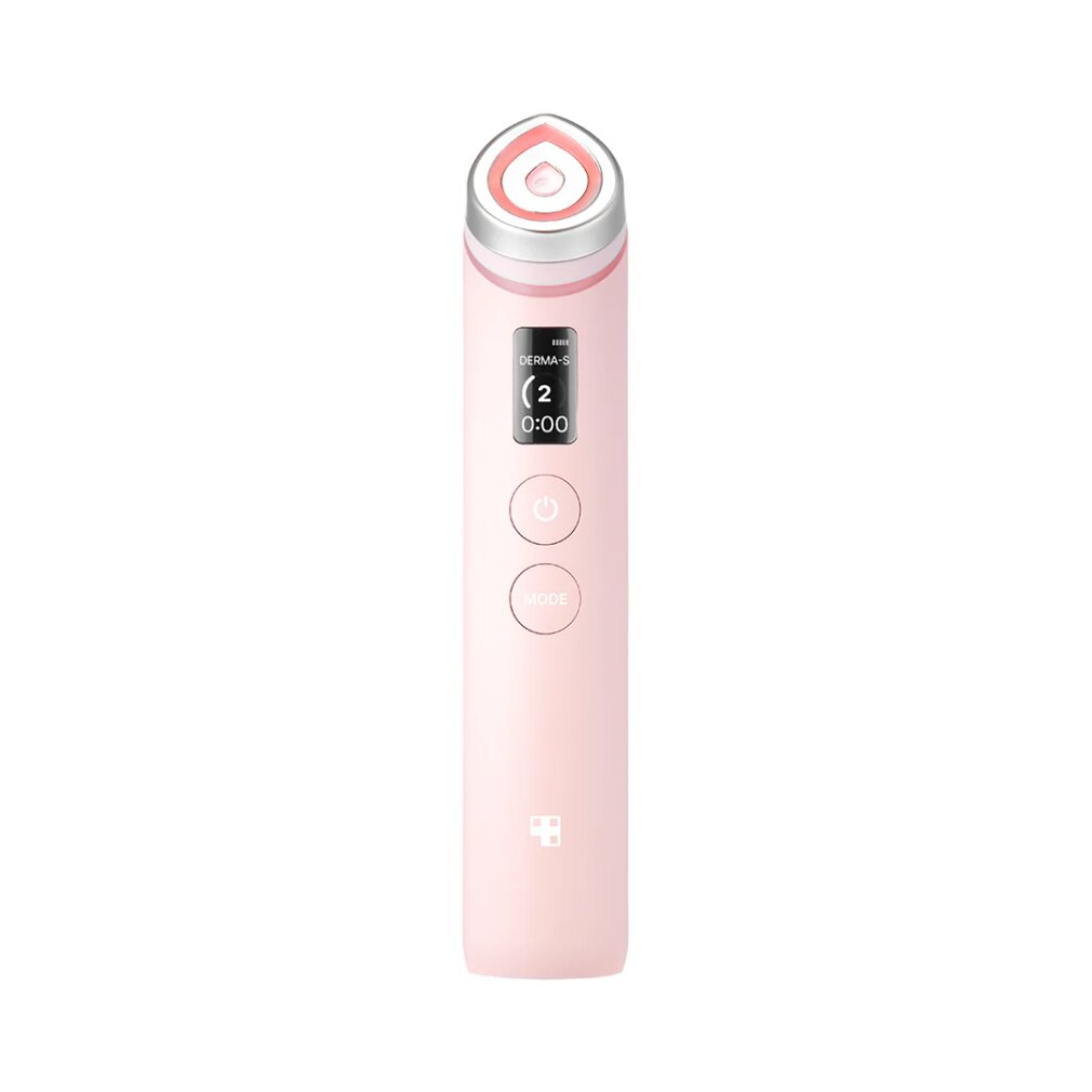 Un dispositivo rosa per la cura della pelle con display digitale che mostra 'DERMA-S', livello '2' e '0:00'.