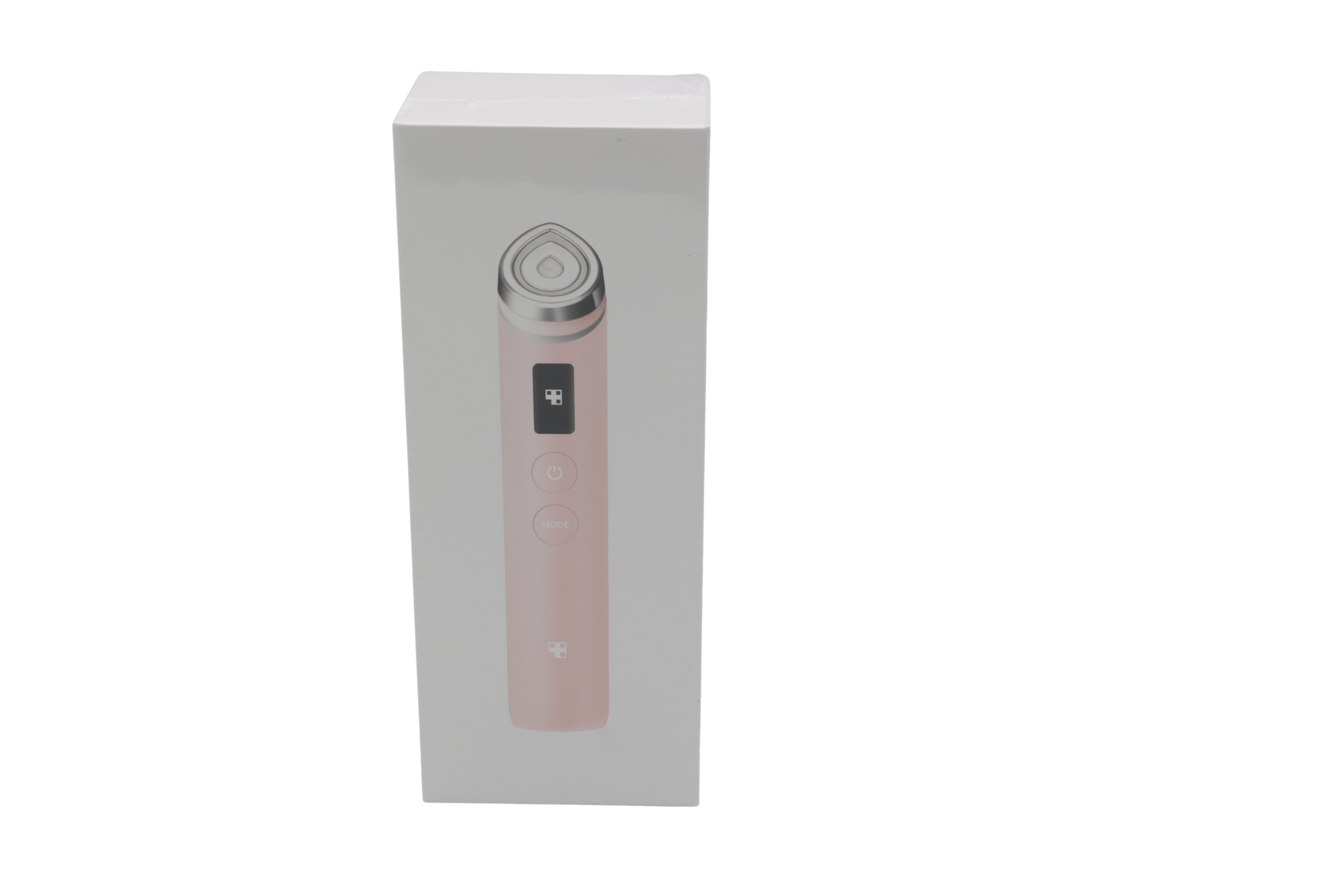 Confezione di un dispositivo per la pulizia del viso rosa con testina argentata.