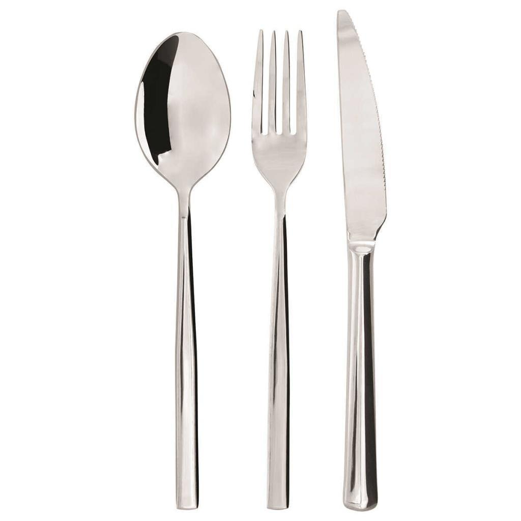 Metal kaşık, çatal ve bıçak yan yana dizilmiş.