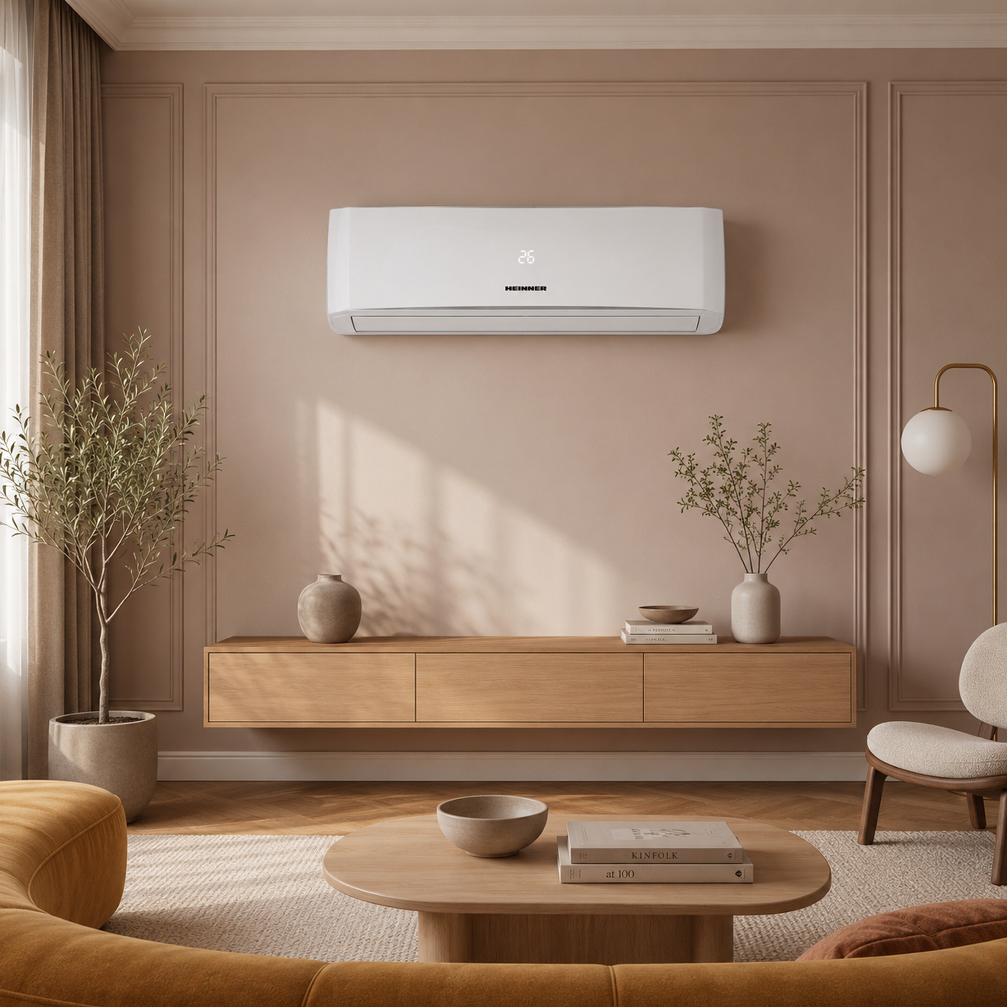 Un salon moderne avec climatiseur, meubles en bois et décoration.