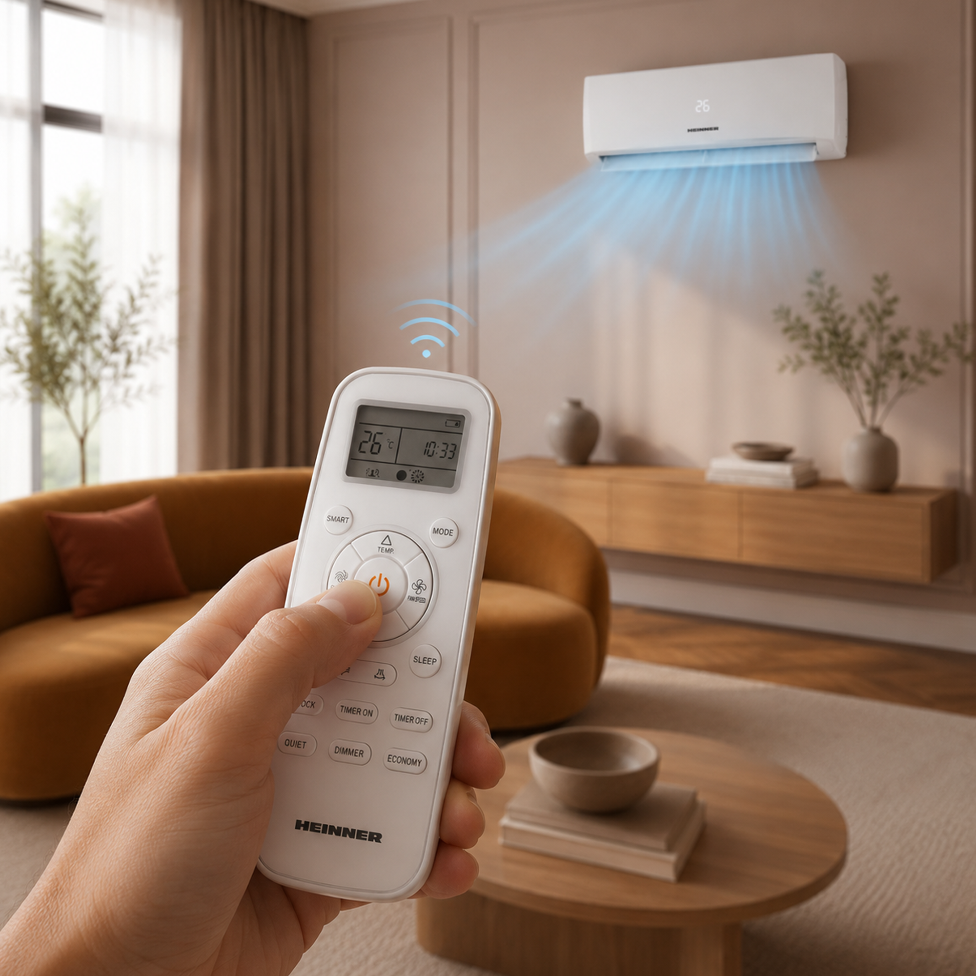 Une main tient une télécommande pointée vers un climatiseur soufflant de l'air frais.