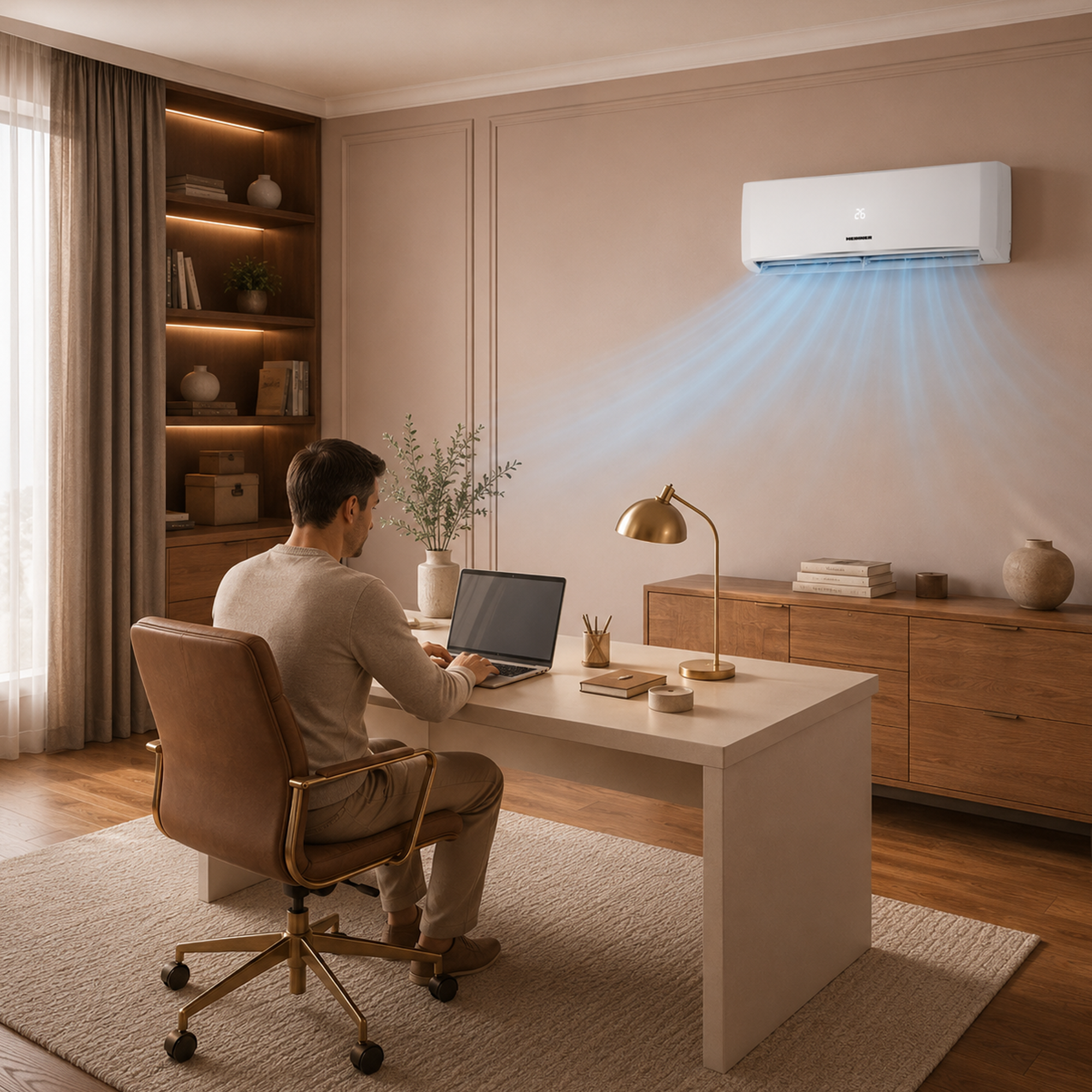 Homme travaillant sur ordinateur portable à un bureau, climatiseur souffle de l'air frais.