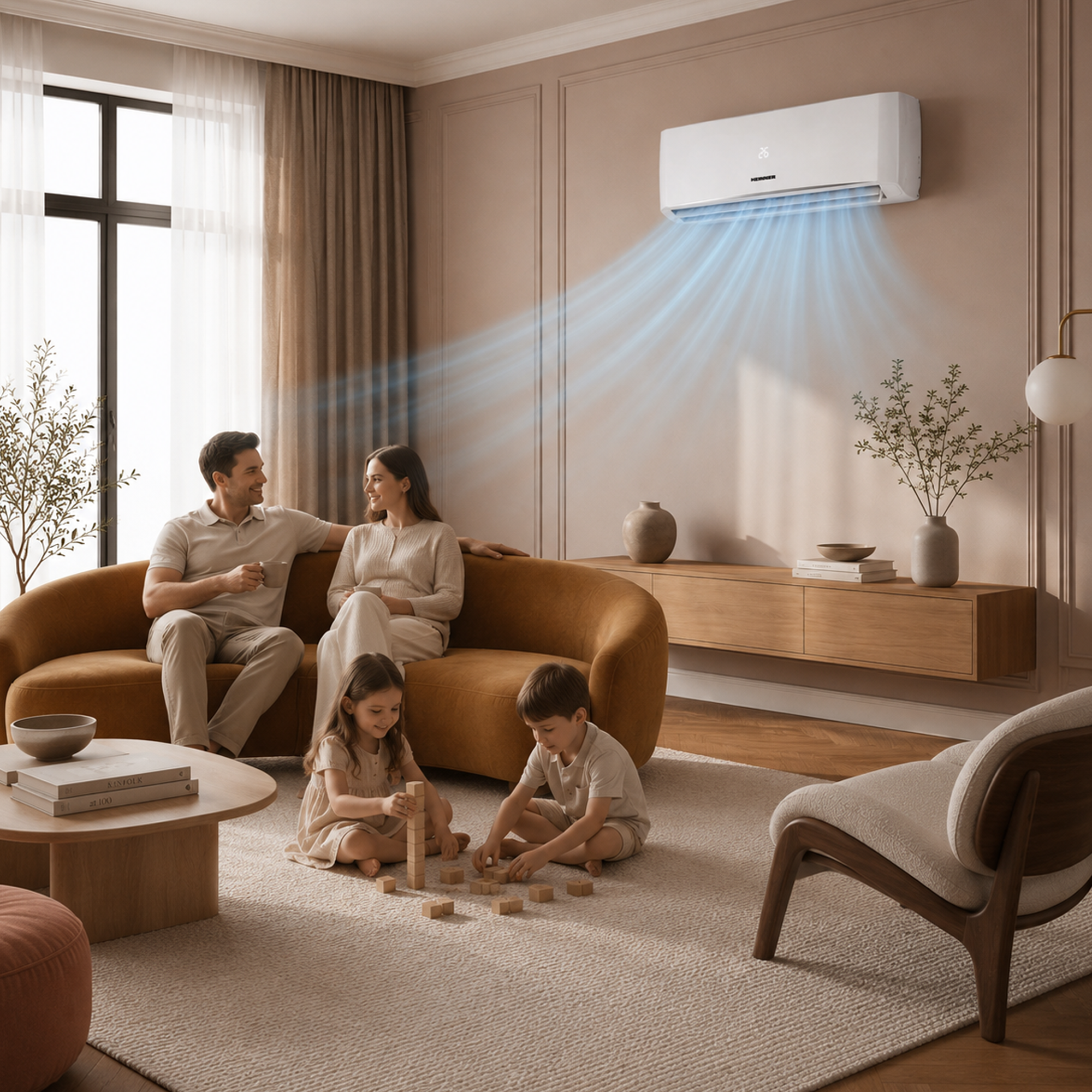Famille sur canapé, enfants jouent au sol, climatiseur refroidit pièce.