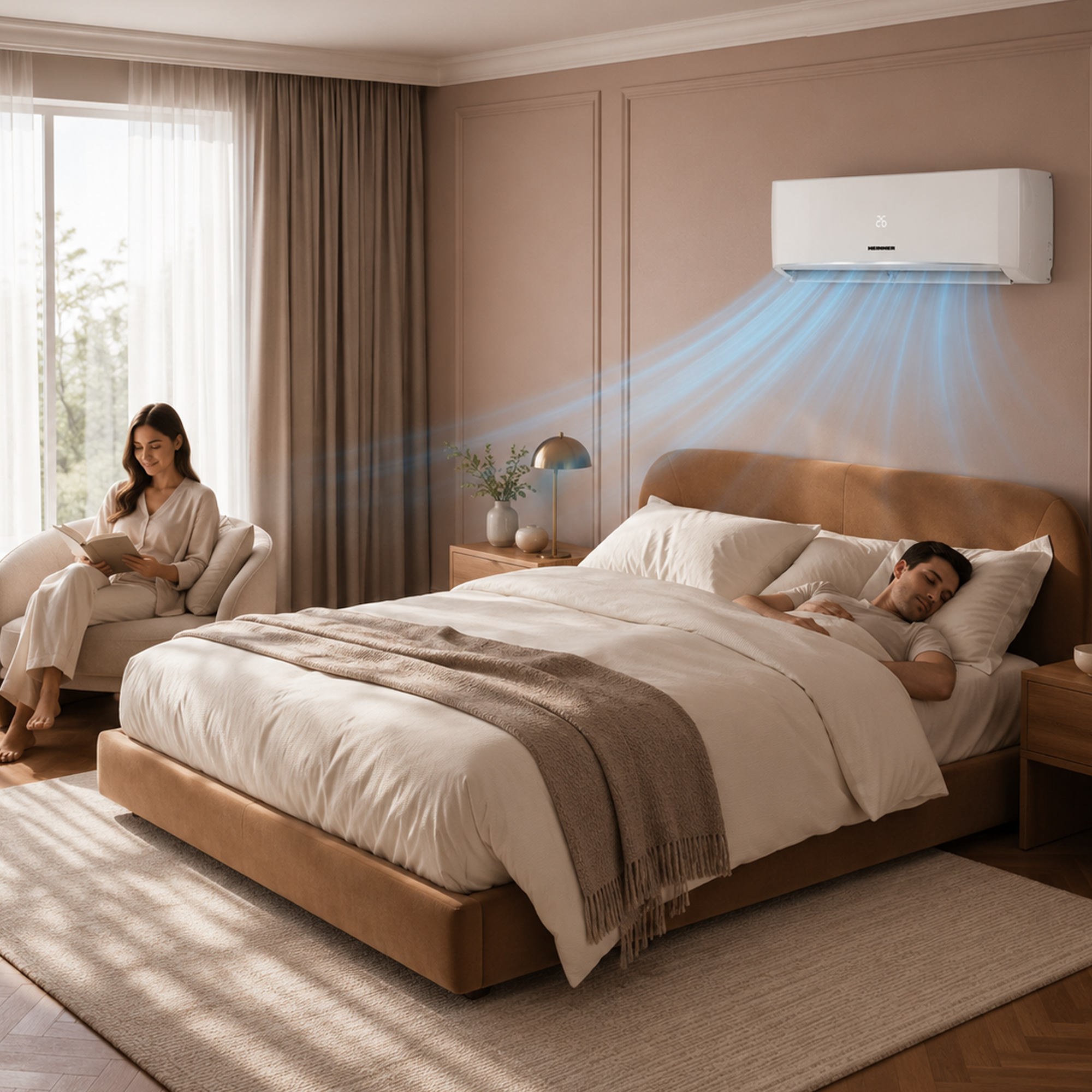 Climatiseur refroidit une chambre où une femme lit et un homme dort.
