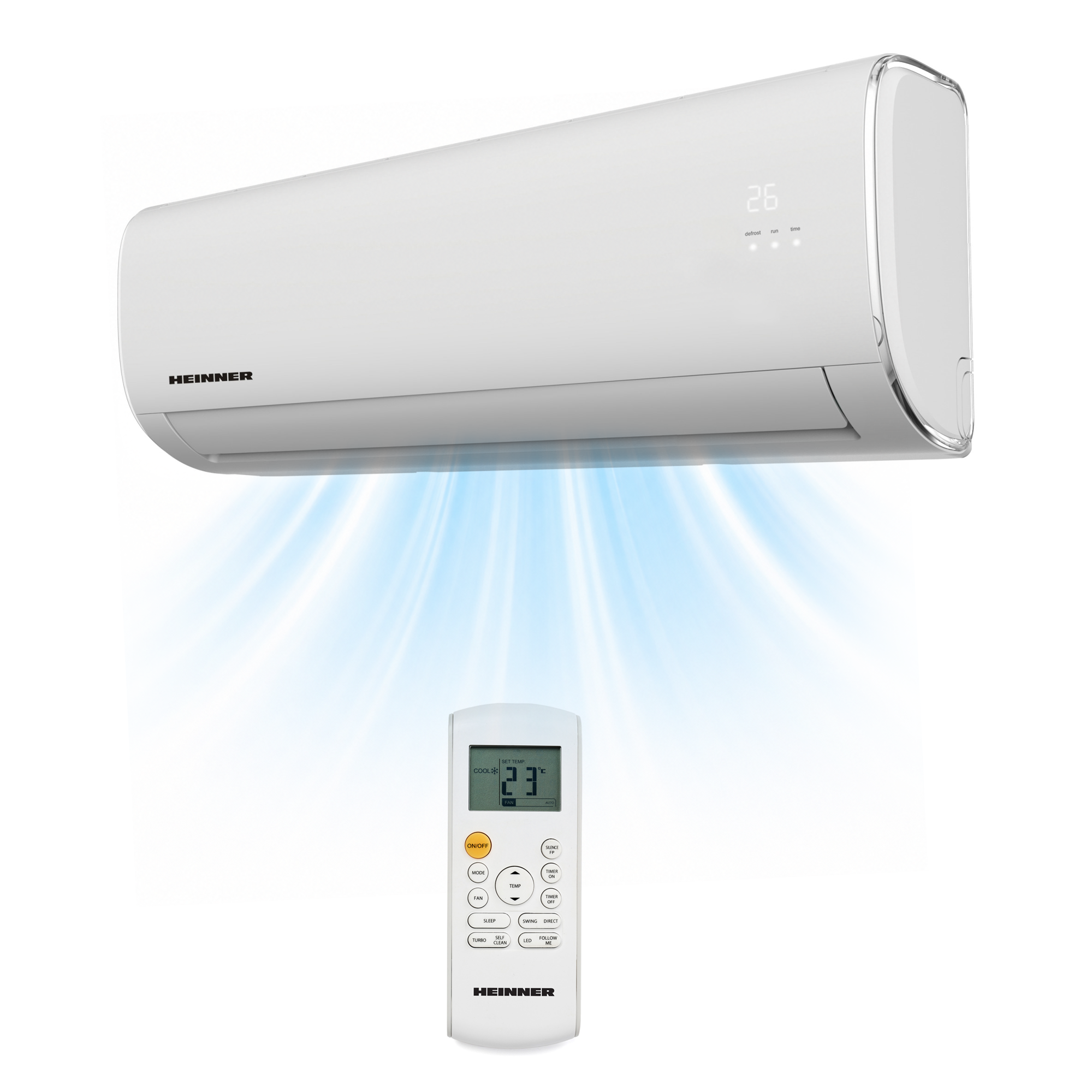 A white air conditioner with remote control emitting blue cool air.