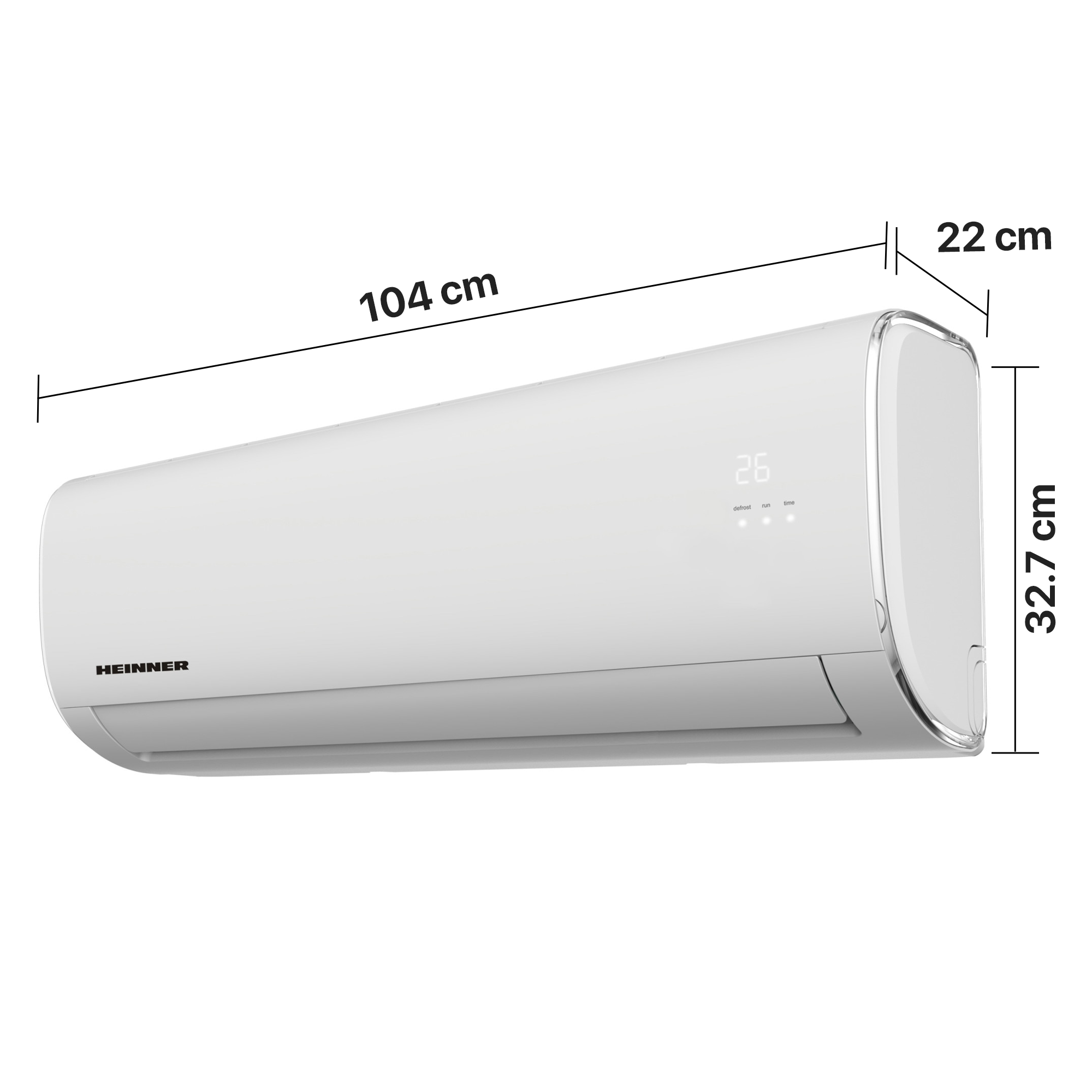 A white air conditioner measuring 104x22x32.7 cm. Display shows 26.