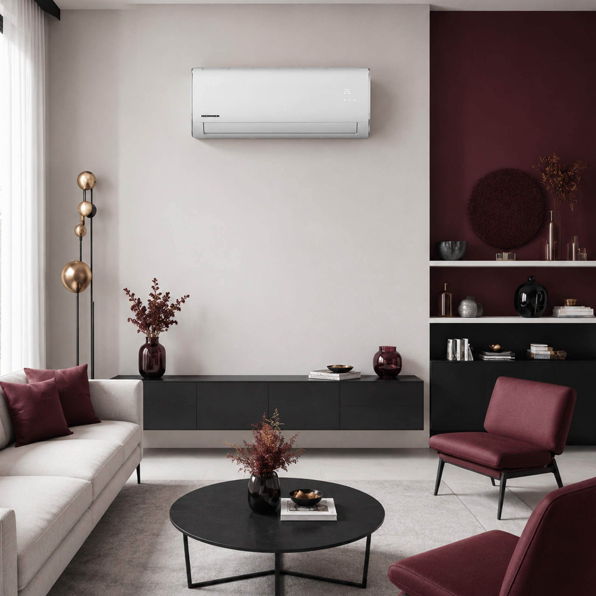 A white air conditioner above a dark sideboard in a modern living room.