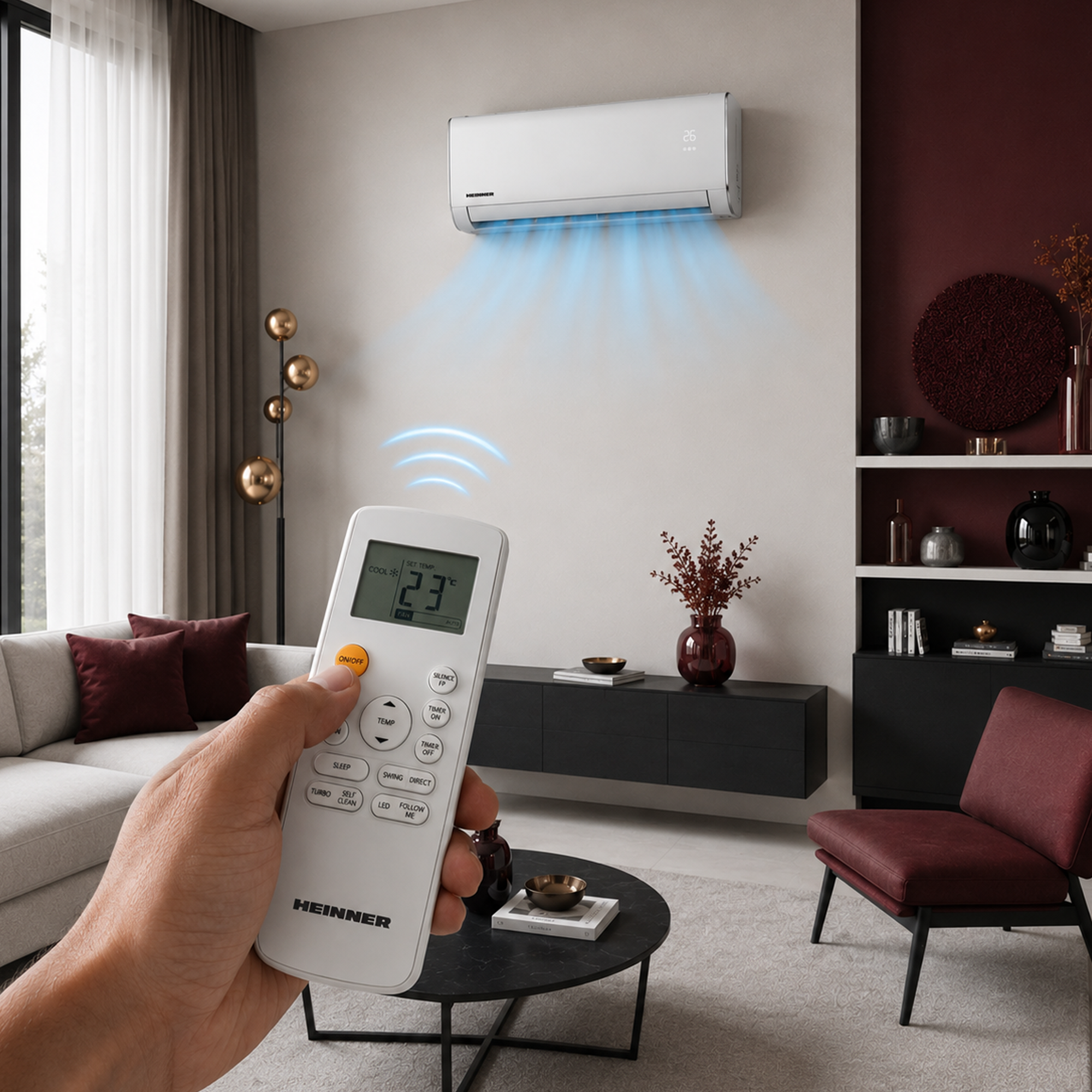 A hand holds a white remote, pointed at an air conditioner emitting cool blue air.