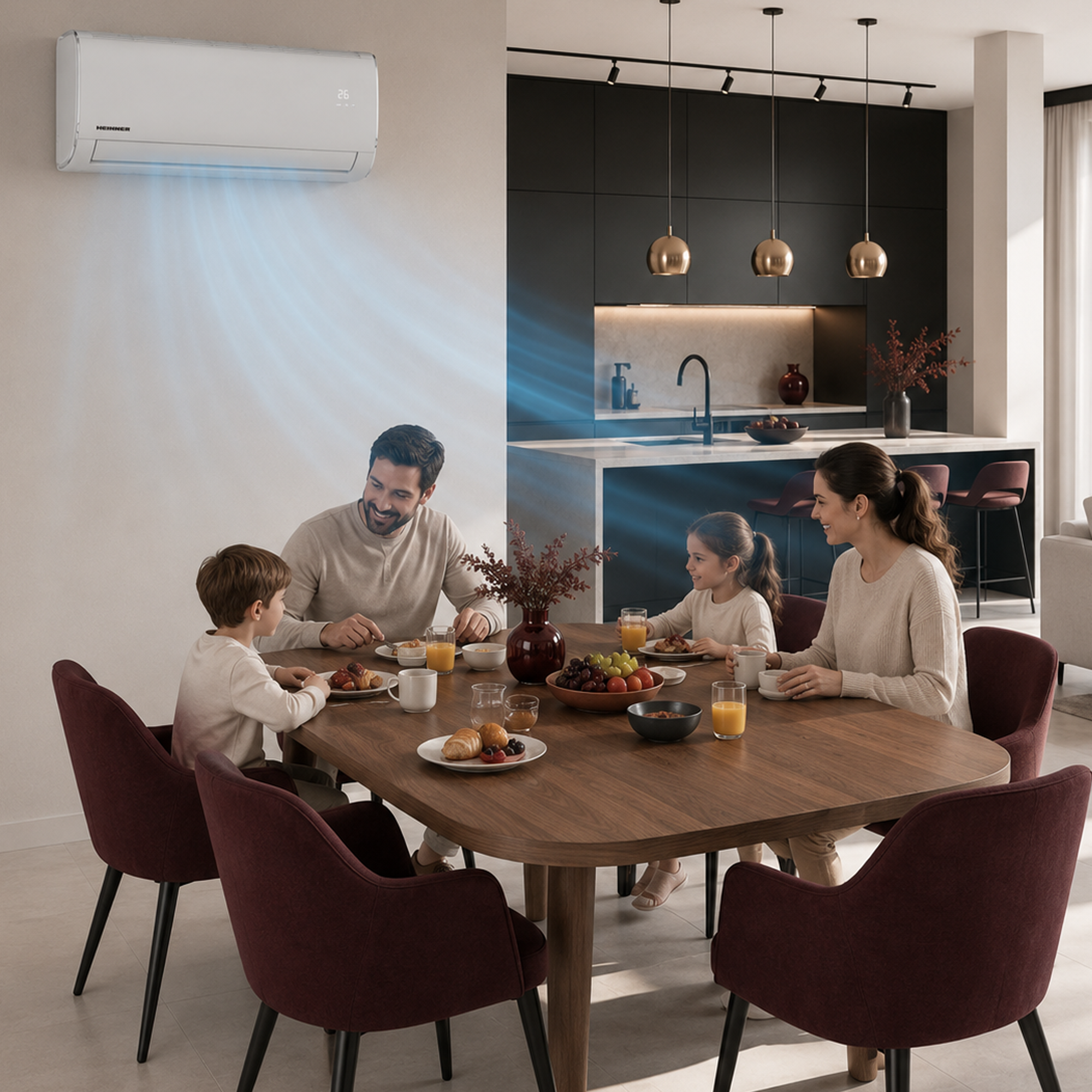 A family eats breakfast at a table while cool air flows from an air conditioner.