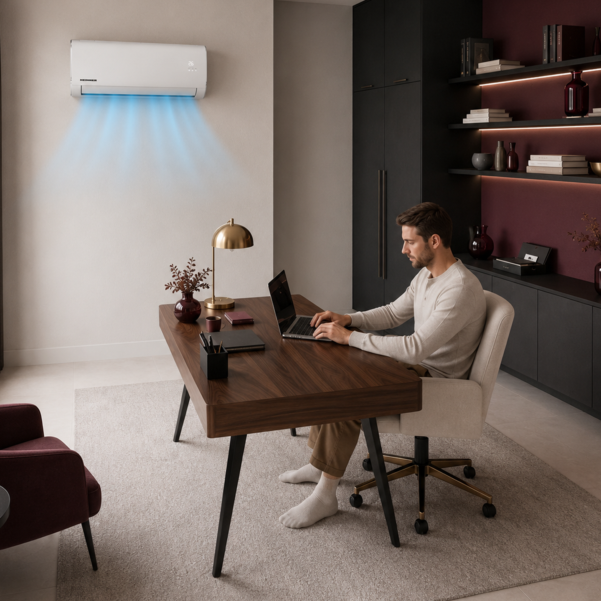Man at desk works on laptop, air conditioner cools room.