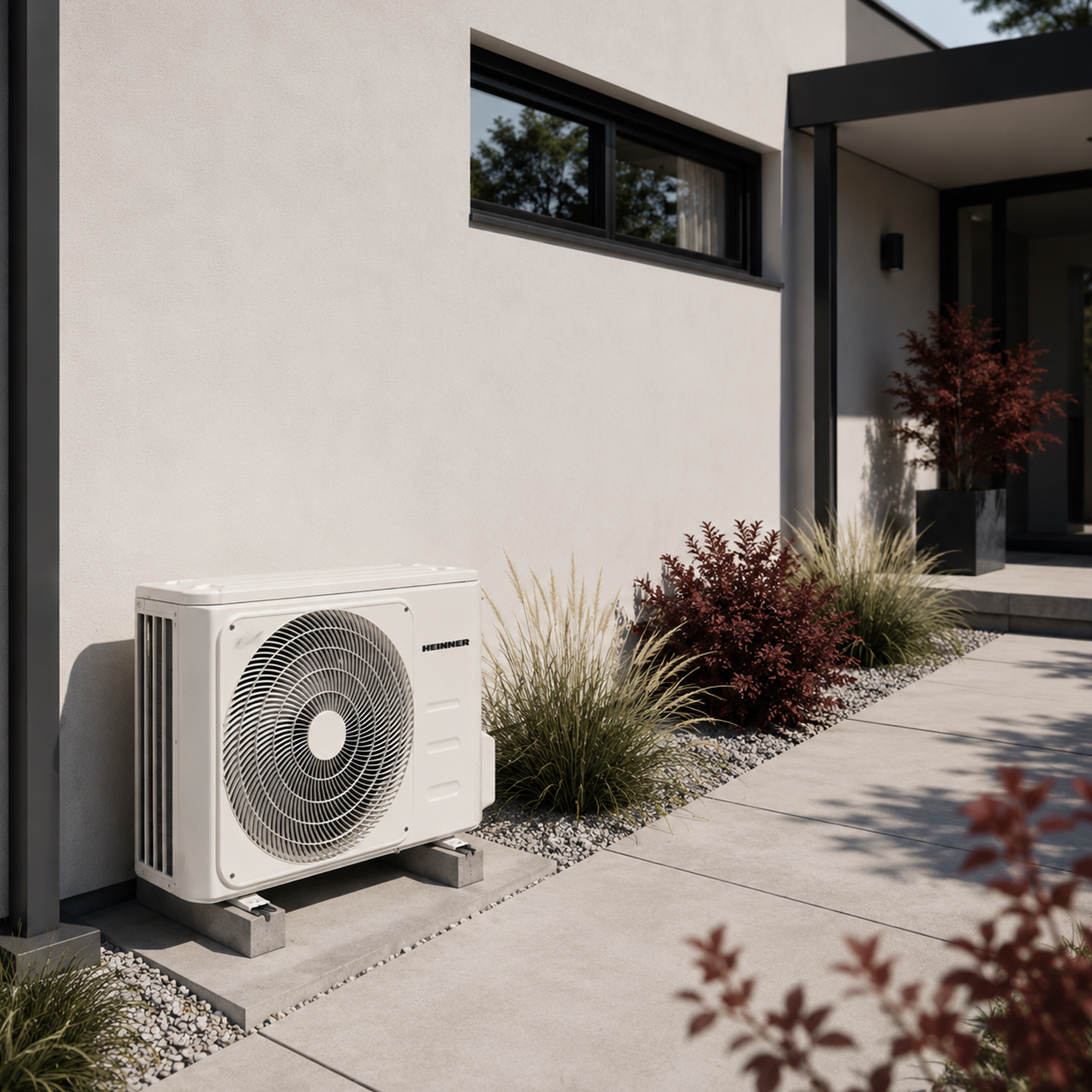 A white outdoor air conditioning unit is on concrete blocks in front of a modern house.