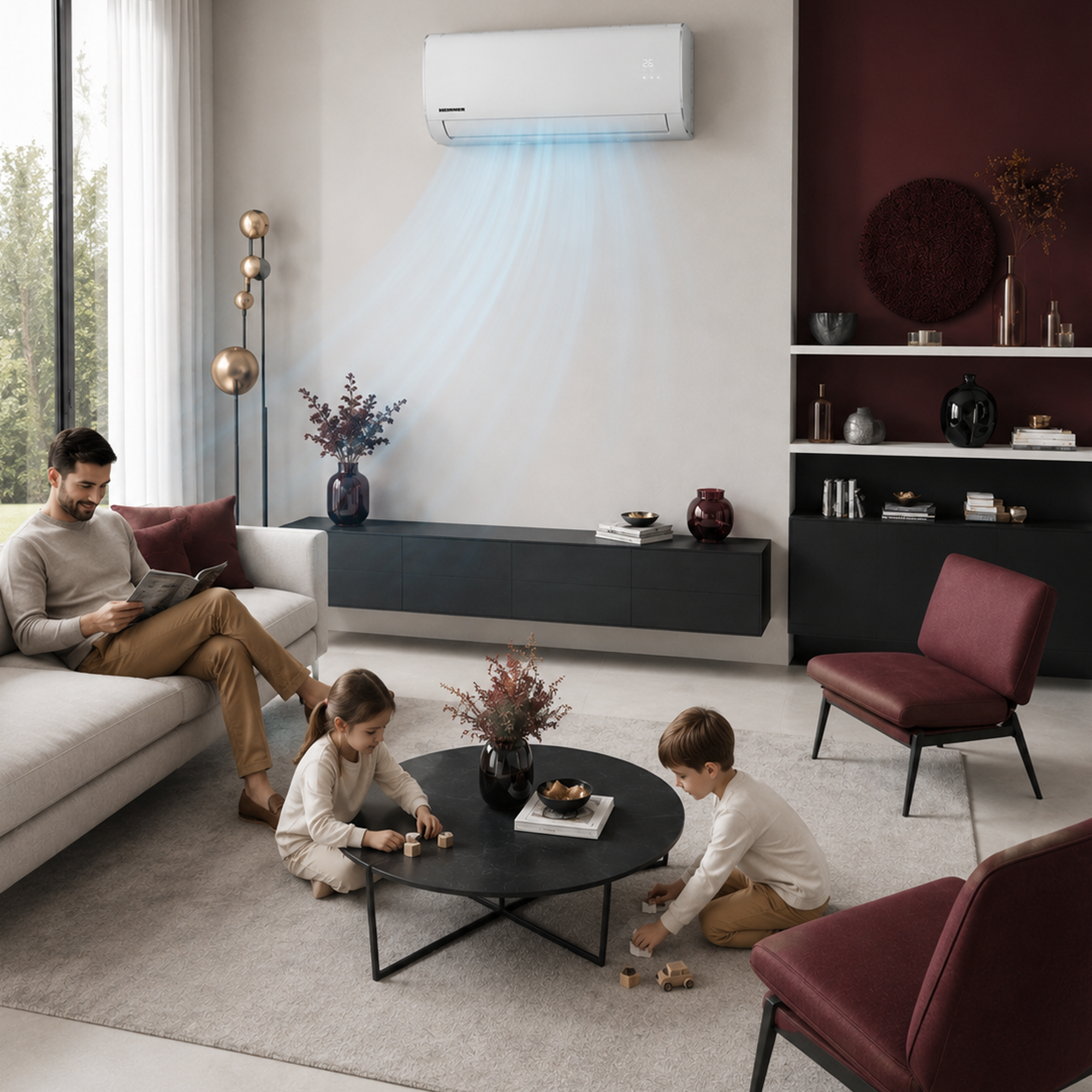 Air conditioner cools living room, father reads, children play at table.