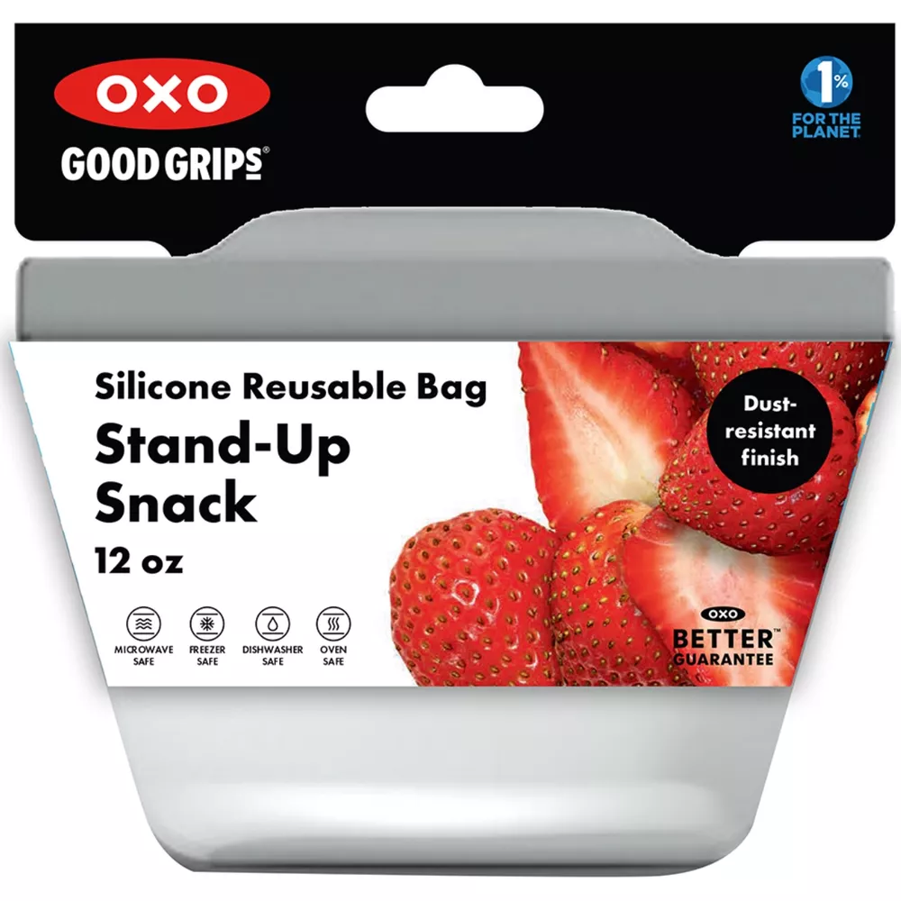 OXO Stand-Up Snack Beutel, 12 oz, mit Erdbeeren, mikrowellen-, gefrier-, spülmaschinen- und ofenfest.