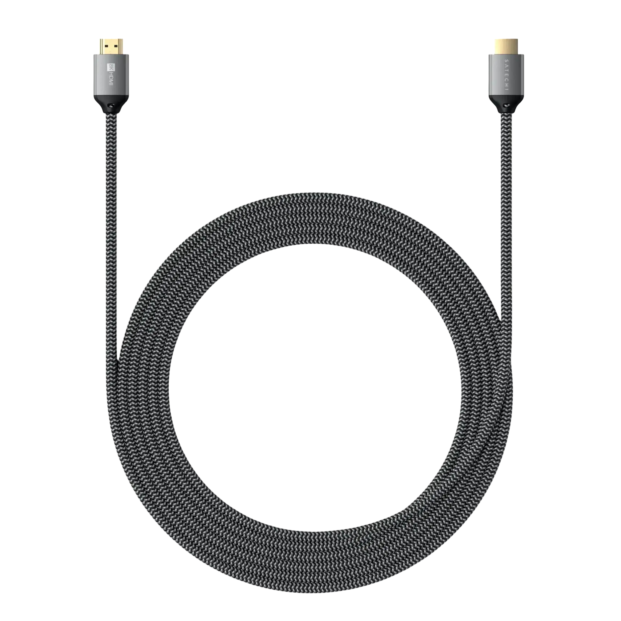Un cavo HDMI nero e grigio con due connettori, su sfondo bianco.