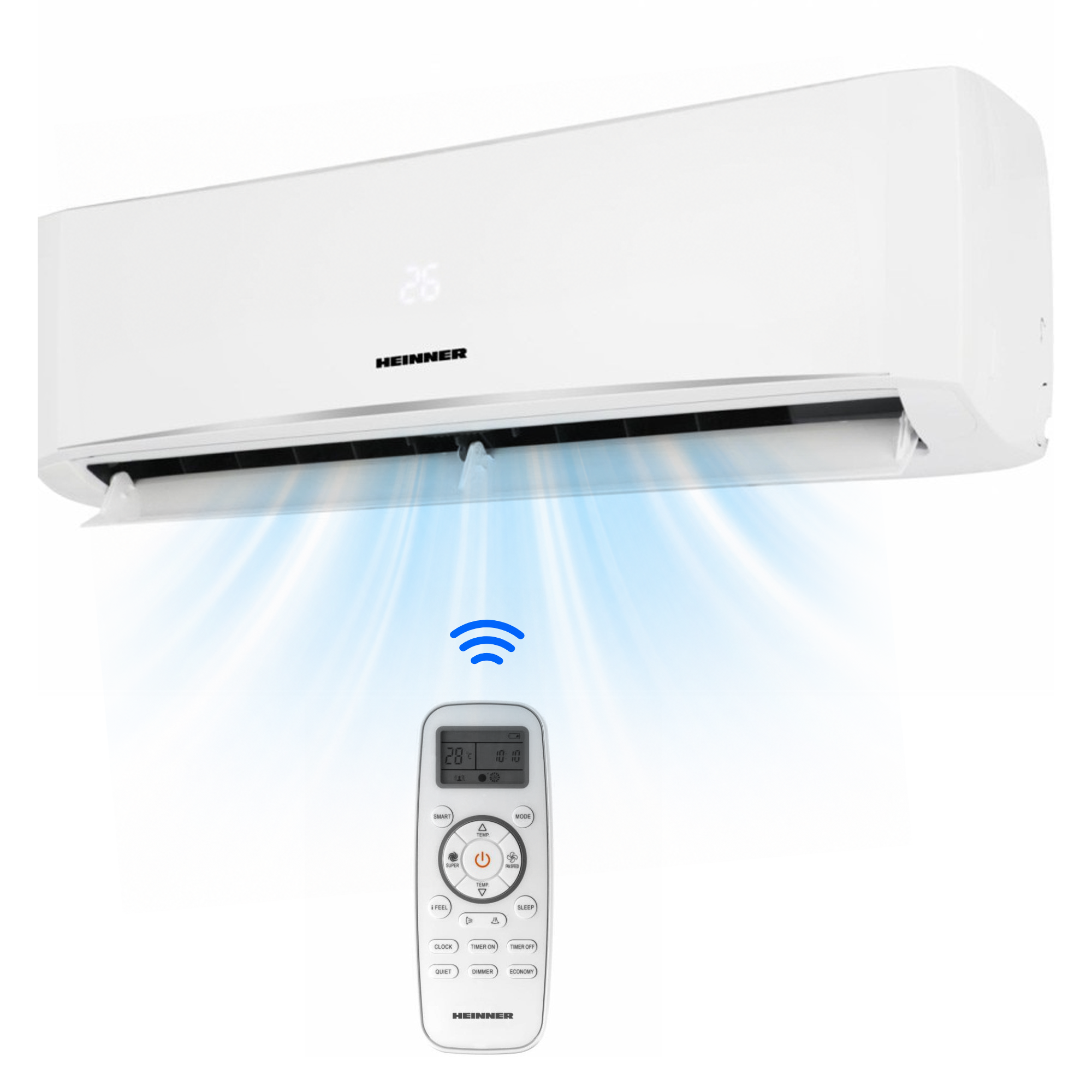 Un climatiseur blanc avec télécommande, émettant de l'air frais.