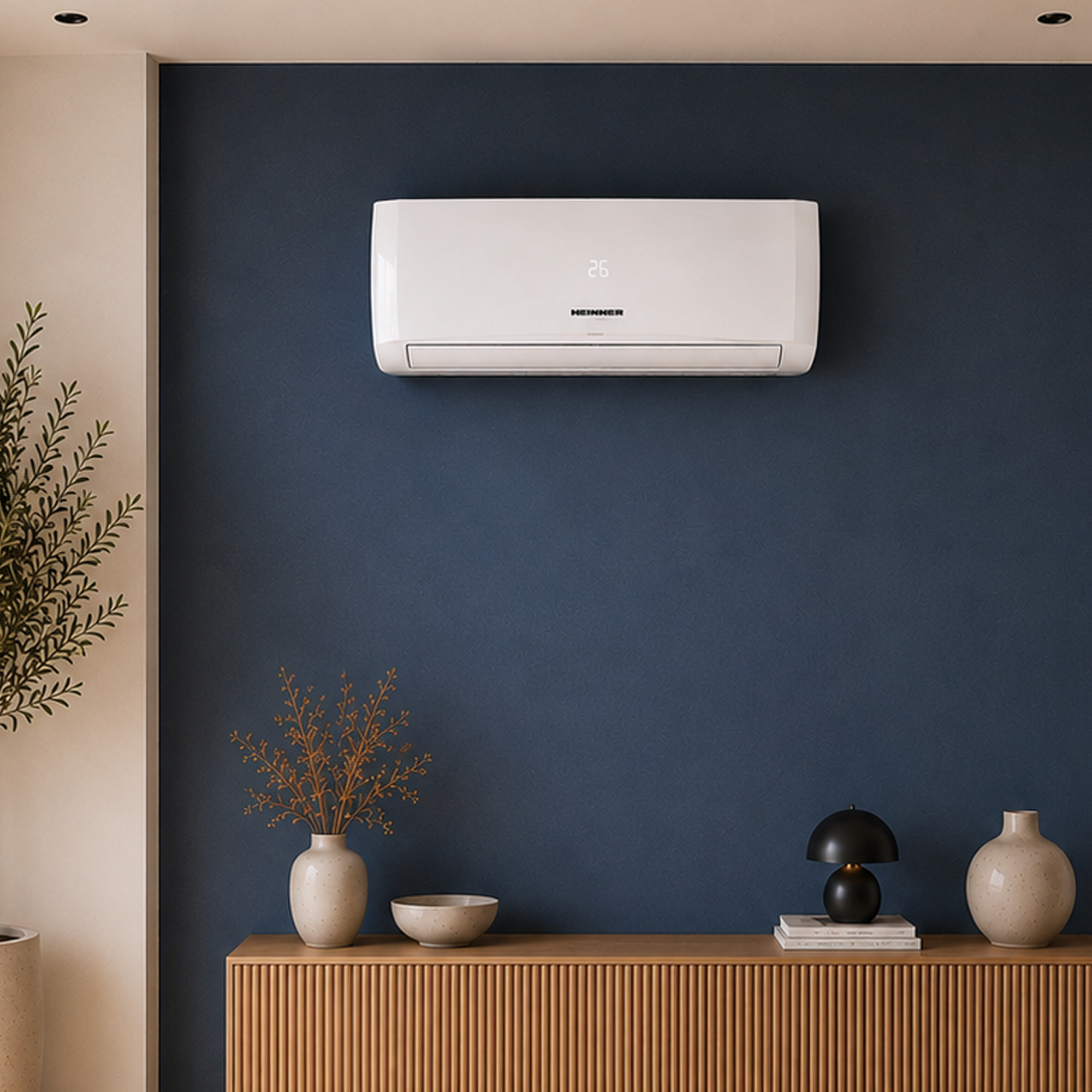 Un climatiseur blanc monté sur un mur bleu foncé au-dessus d'une armoire en bois.