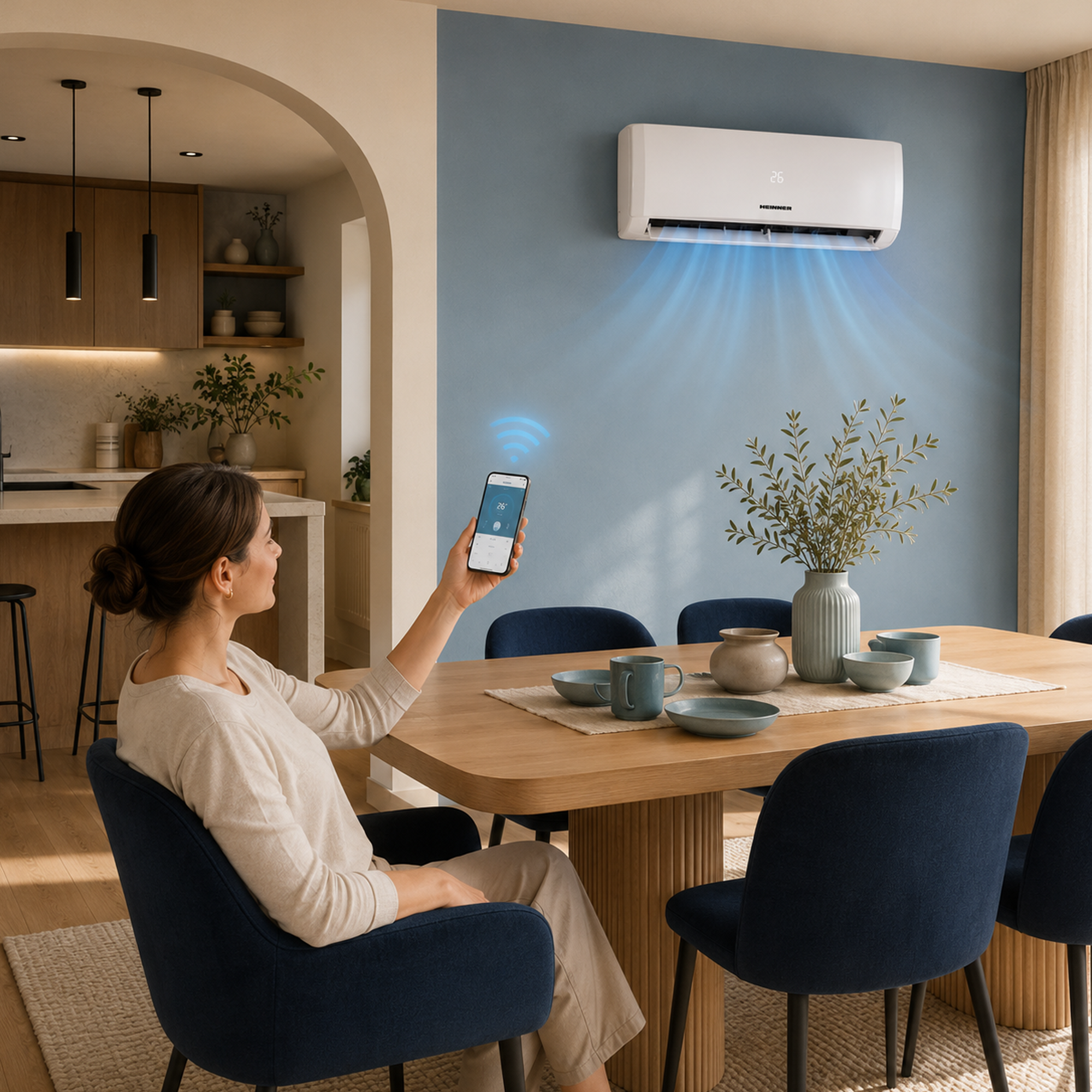 Une femme utilise son téléphone pour contrôler un climatiseur soufflant de l'air frais.