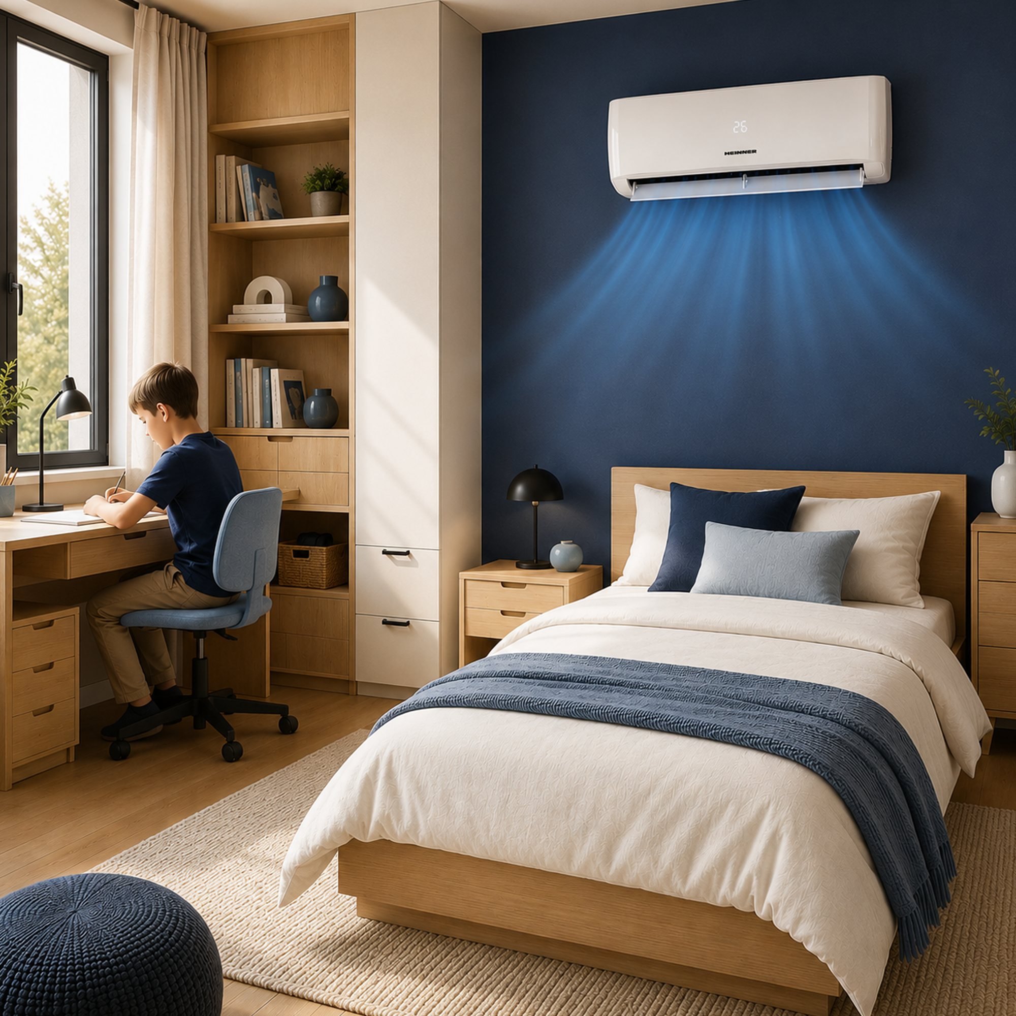 Garçon étudie à un bureau, climatiseur refroidit la chambre au-dessus du lit.