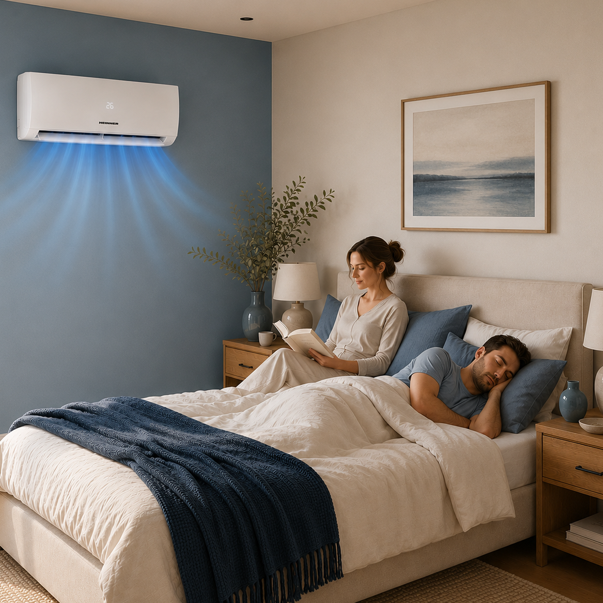 Un homme dort au lit, une femme lit. Un climatiseur refroidit la pièce.