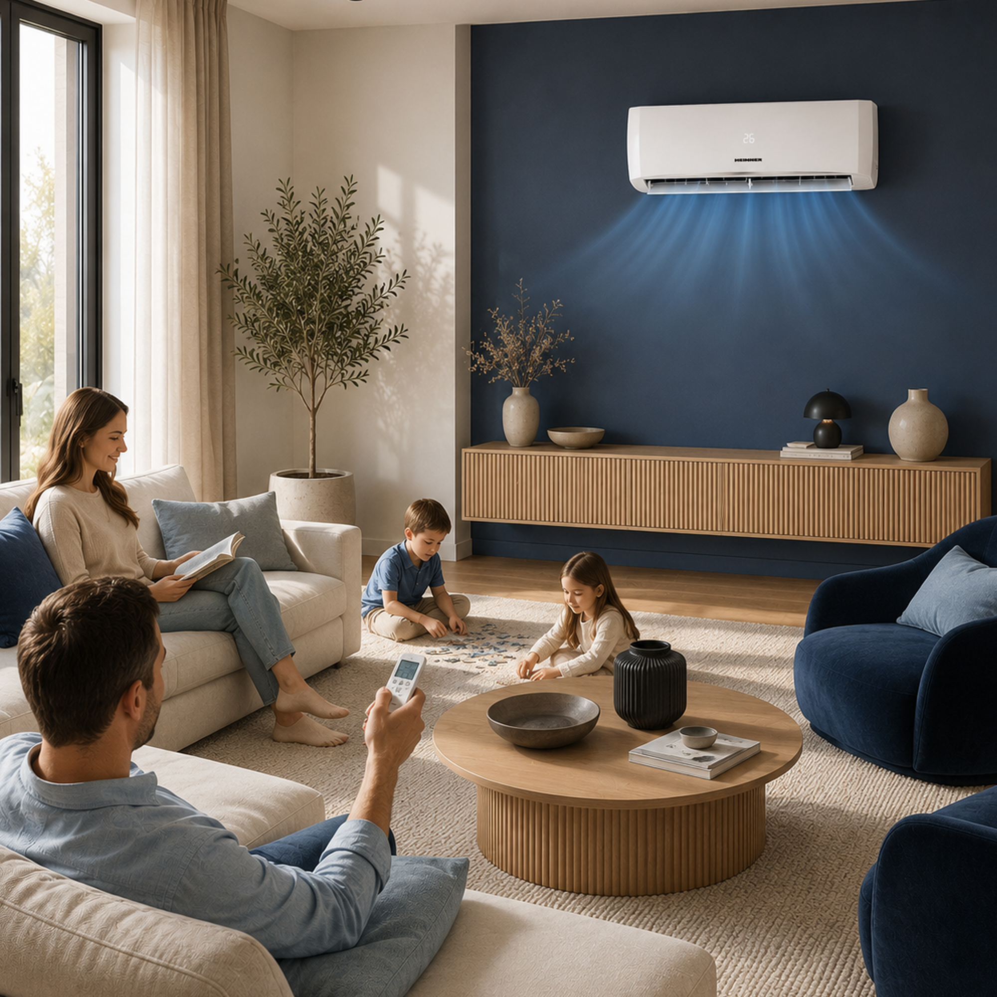 Famille se détendant dans le salon, climatiseur refroidissant l'air.