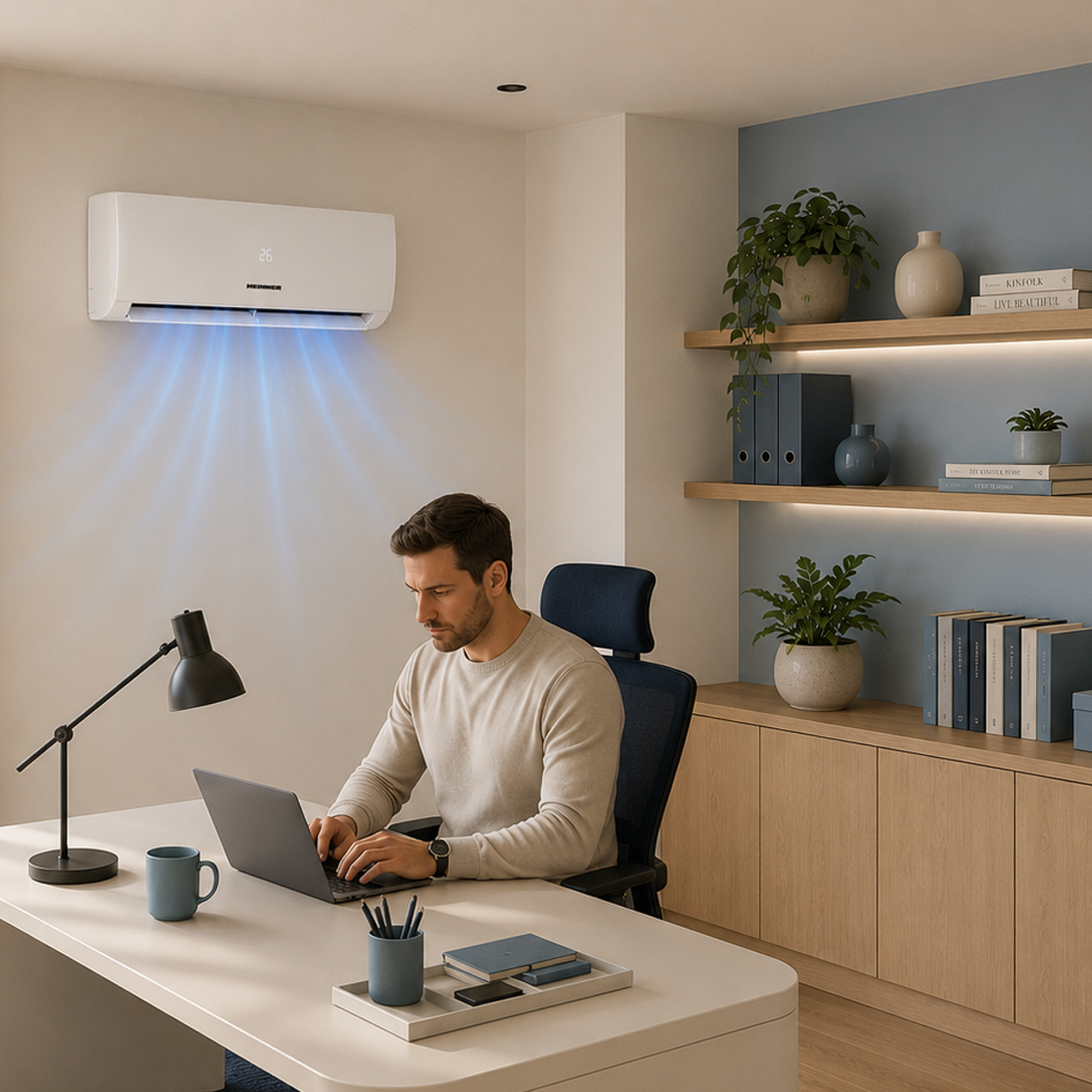 Homme au bureau sous climatiseur avec flux d'air bleu, ordinateur portable, tasse et fournitures.