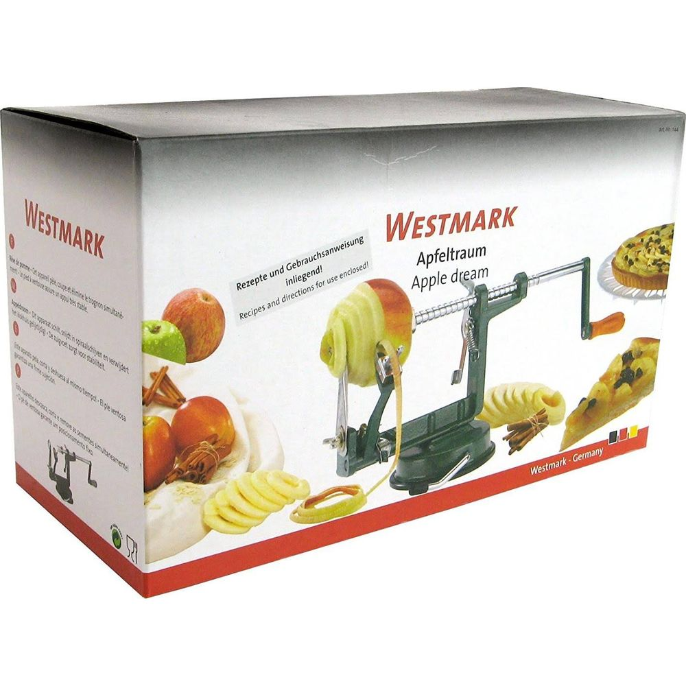 Verpackung eines Apfelschälers mit Rezepten und Anleitung.