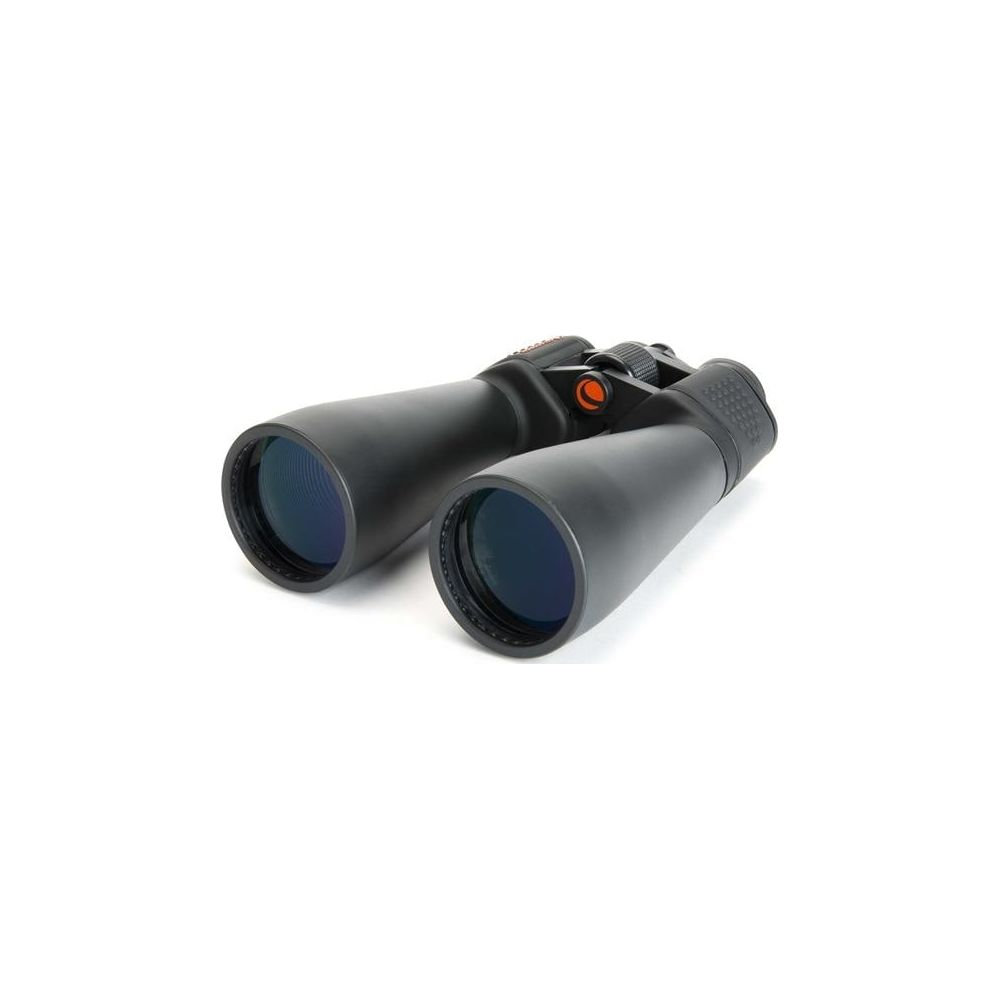 Binocolo nero con accenti arancioni su sfondo bianco.