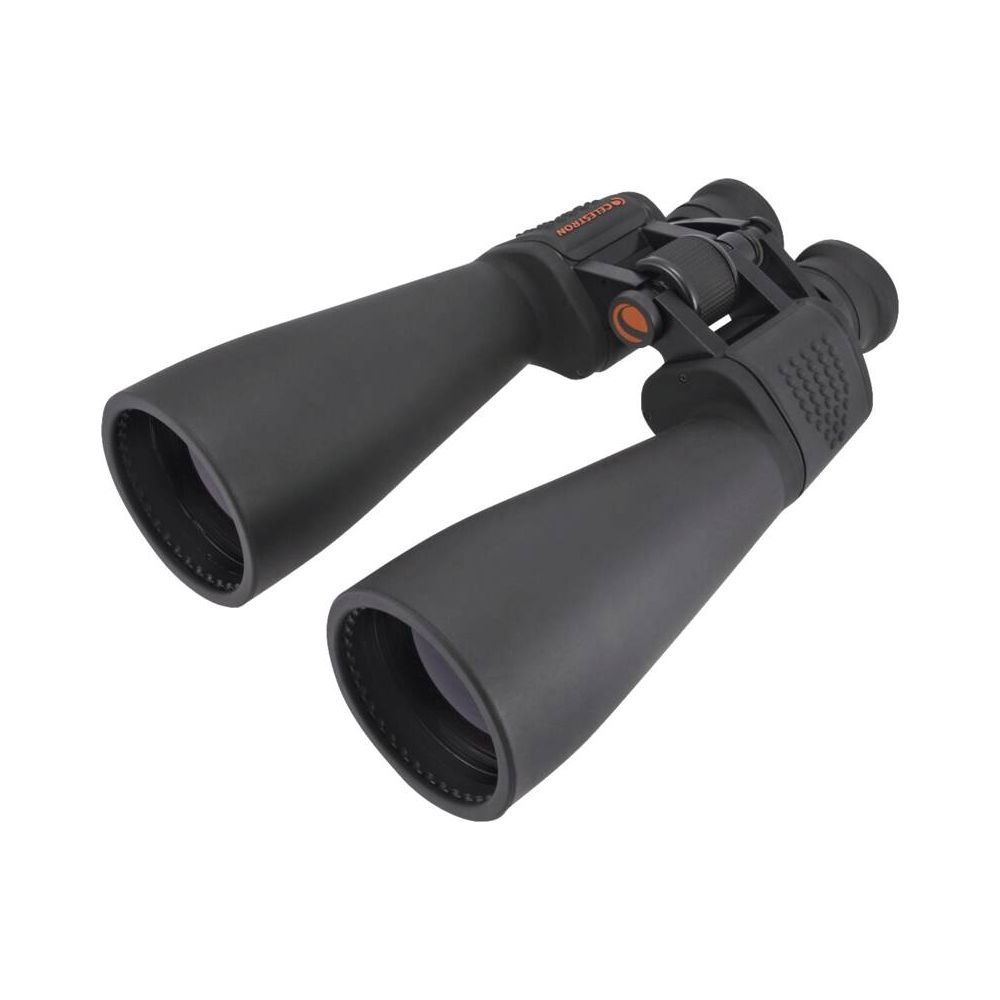 Binocolo nero con rotella di messa a fuoco argentata e accenti arancioni.
