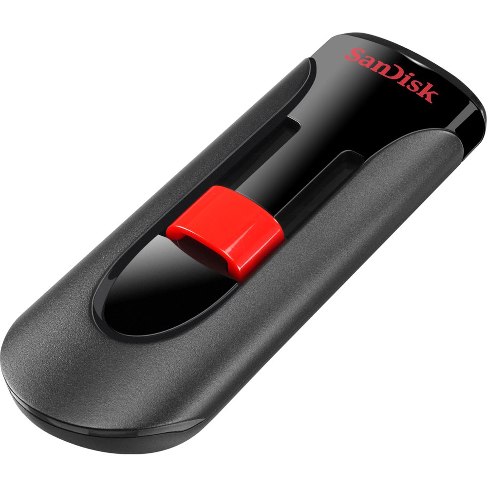Clé USB SanDisk noire avec curseur rouge.