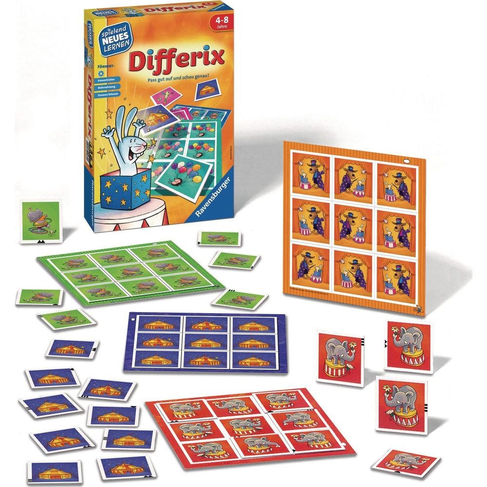 Il gioco Ravensburger Differix presenta elefanti, circhi e motivi di conigli.